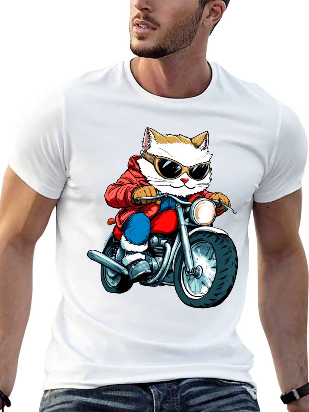 Cat Biker Graphic Tee - Cool Novelty T-Shirt