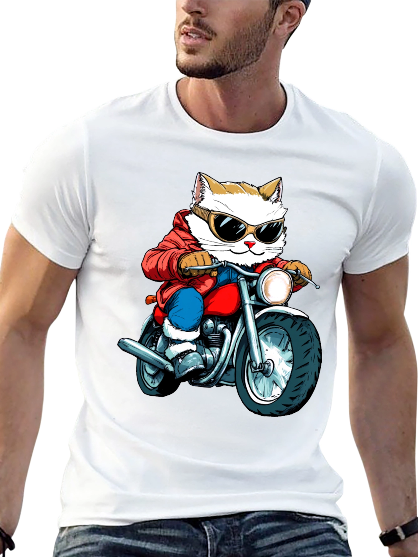 Cat Biker Graphic Tee - Cool Novelty T-Shirt