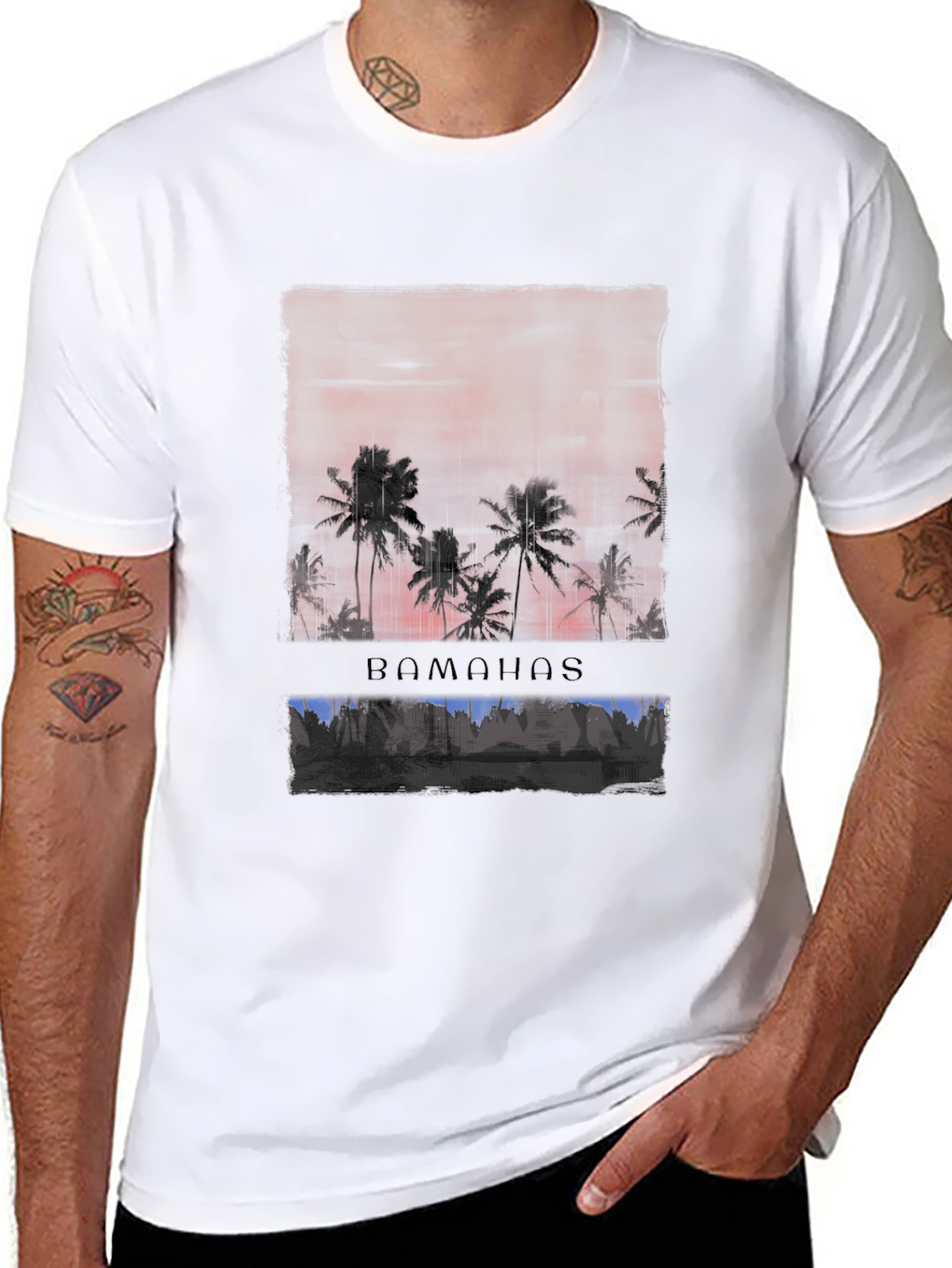 Bahamas Sunset Palm Tree Graphic Tee - Black