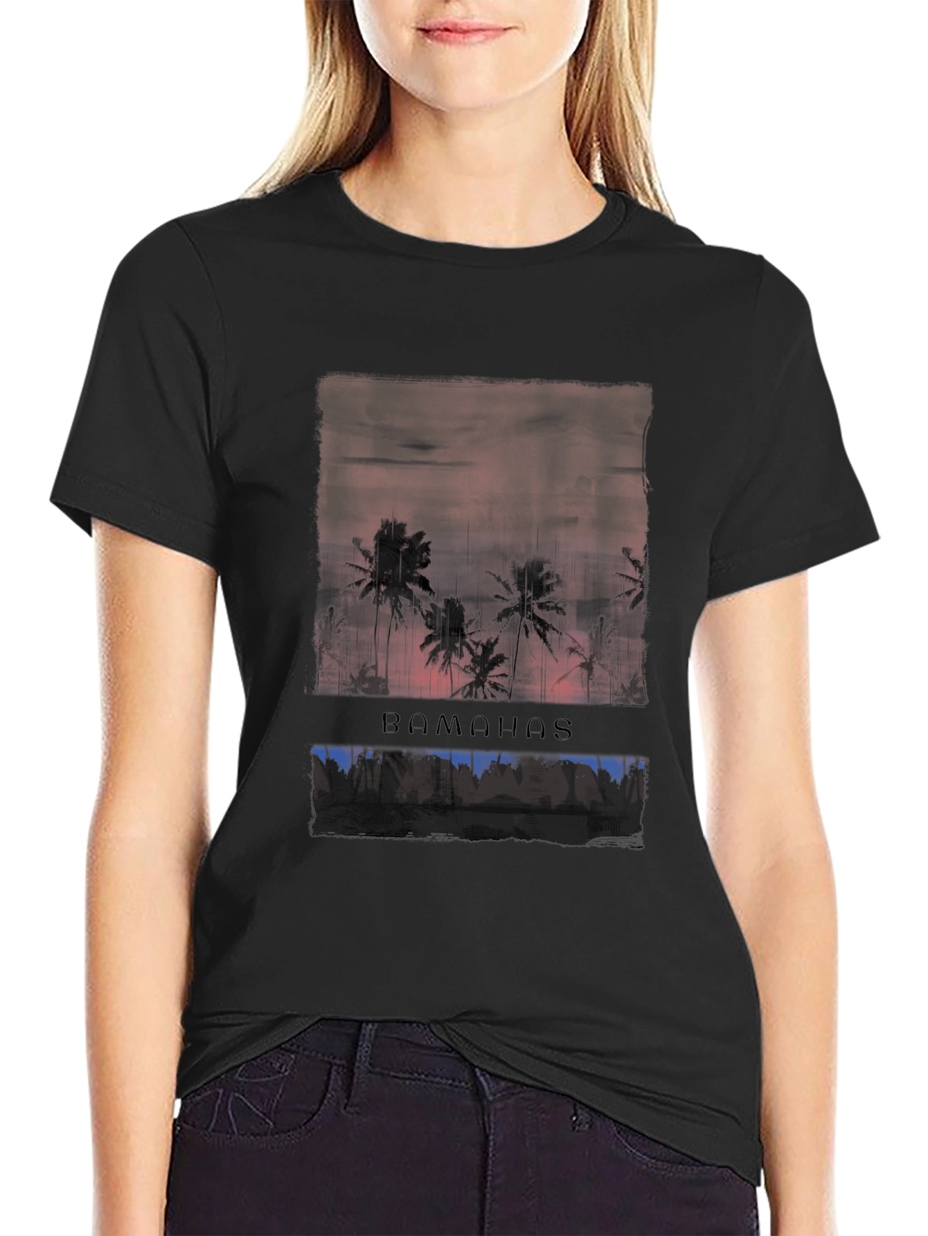 Bahamas Sunset Palm Tree Graphic Tee - Black