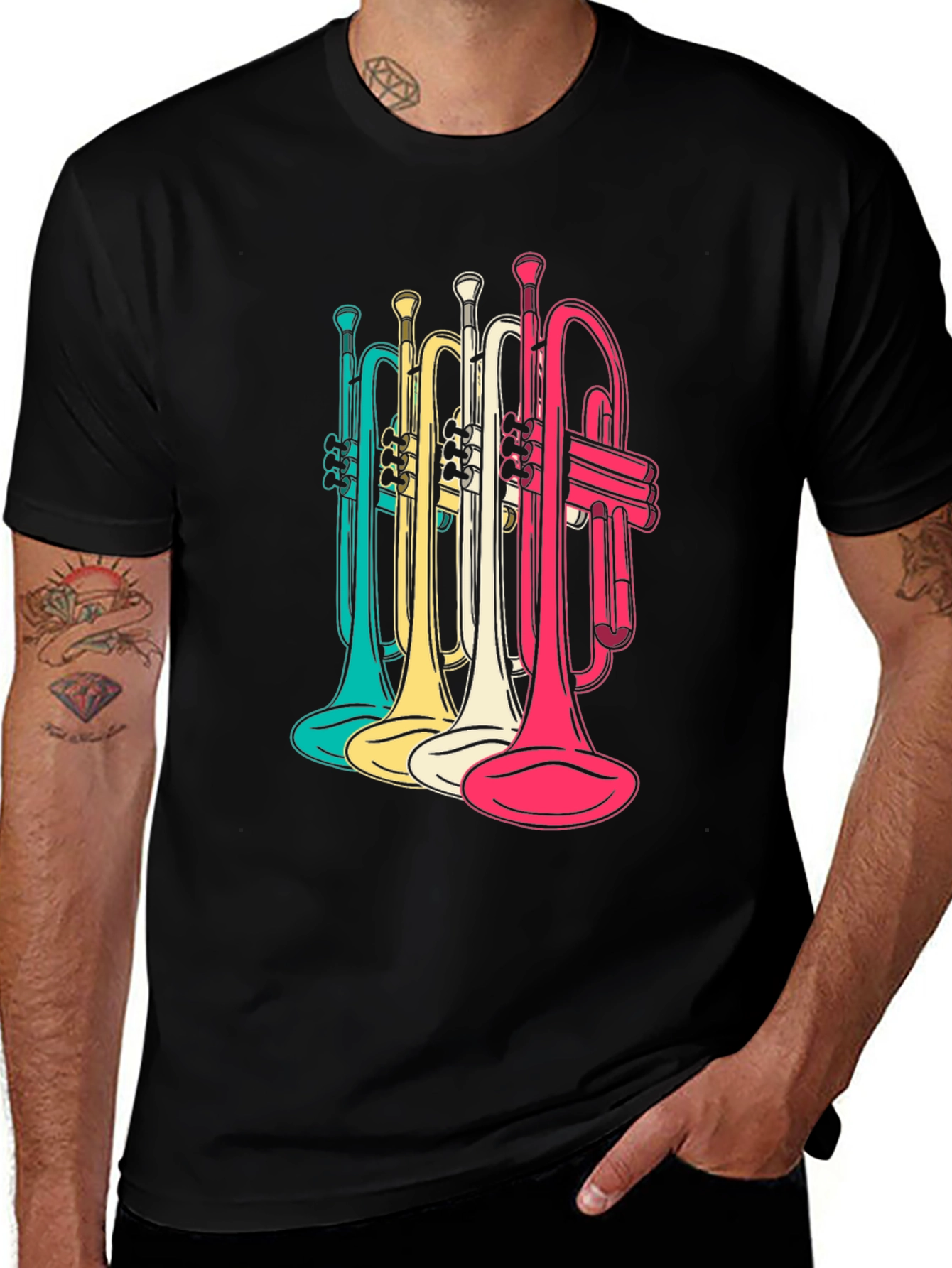 Colorful Trumpets Graphic Tee - Mens Black T-Shirt