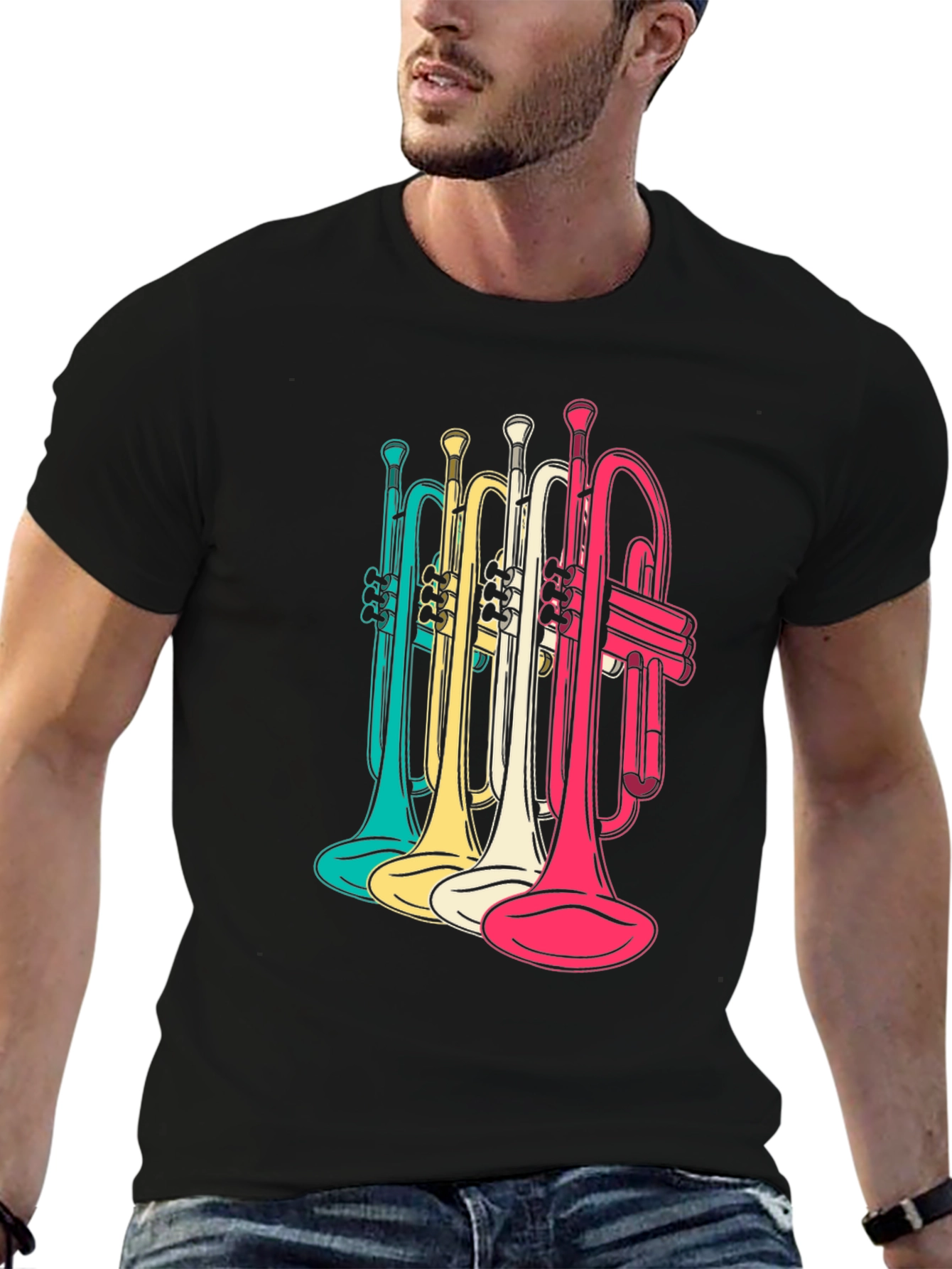 Colorful Trumpets Graphic Tee - Mens Black T-Shirt