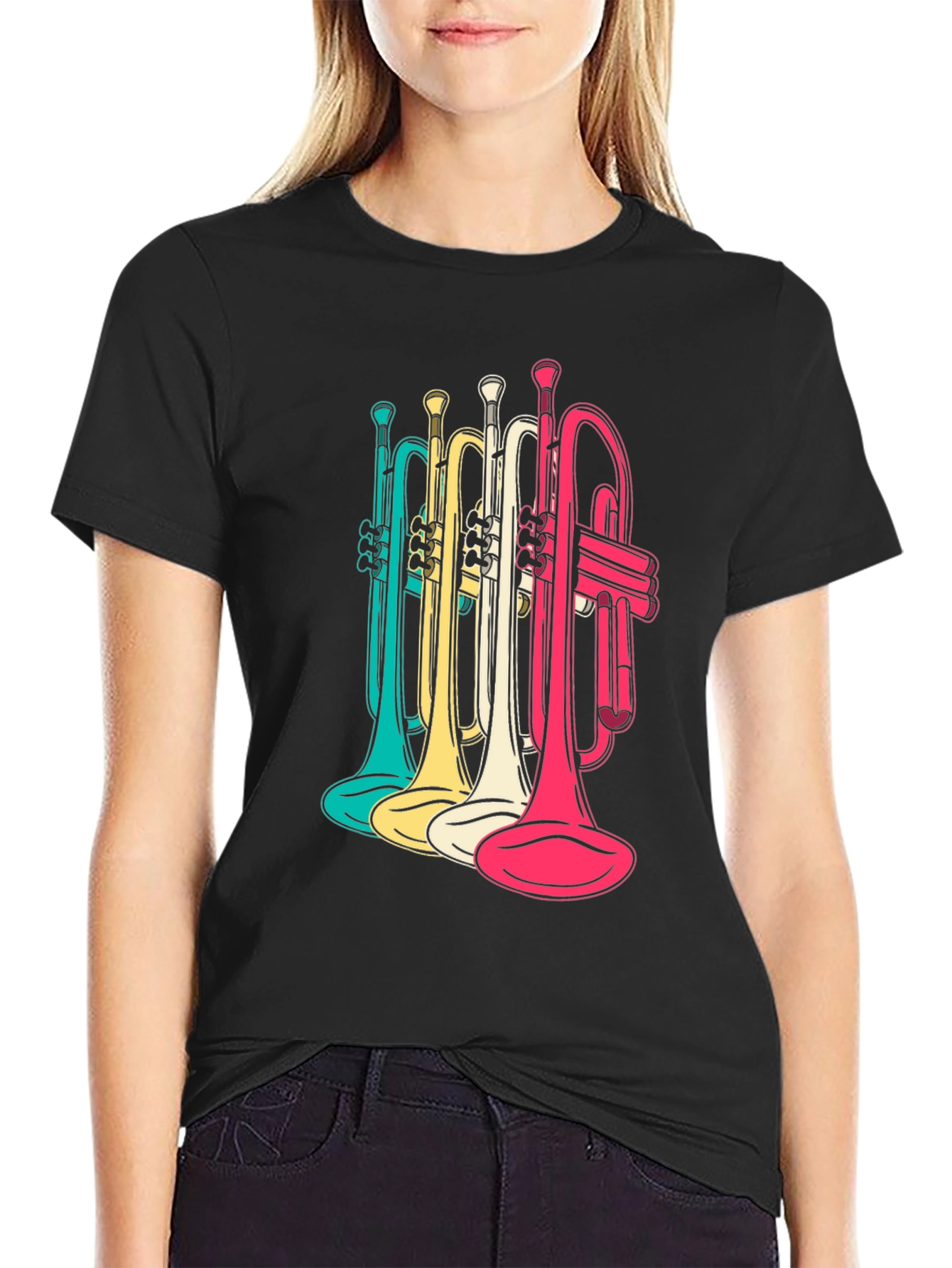 Colorful Trumpets Graphic Tee - Mens Black T-Shirt