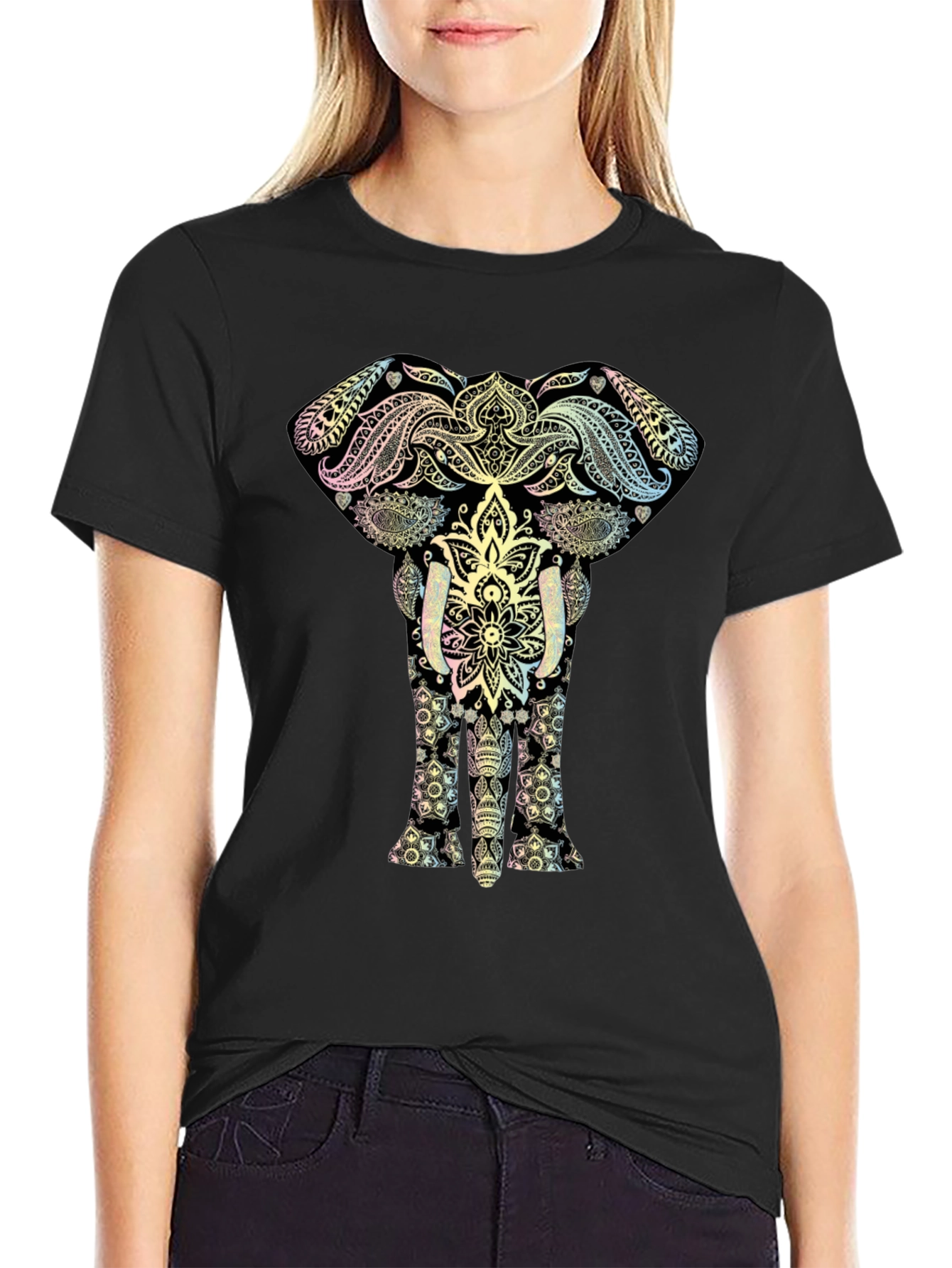 Elephant Mandala Graphic Tee - Black Cotton