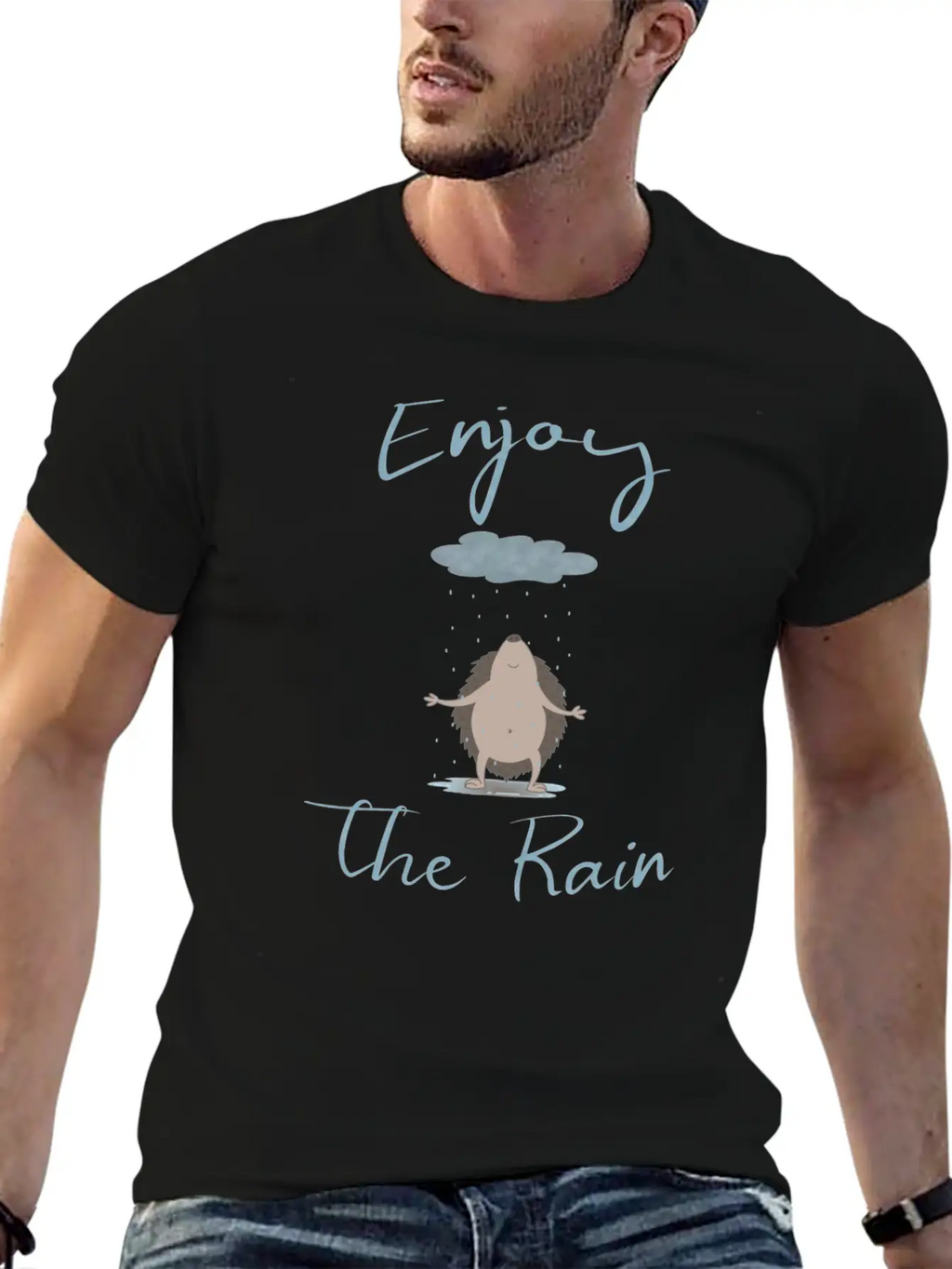 Illustrated Hedgehog In The Rain Unisex Casual T-Shirt – Clean Design For Daily Comfort