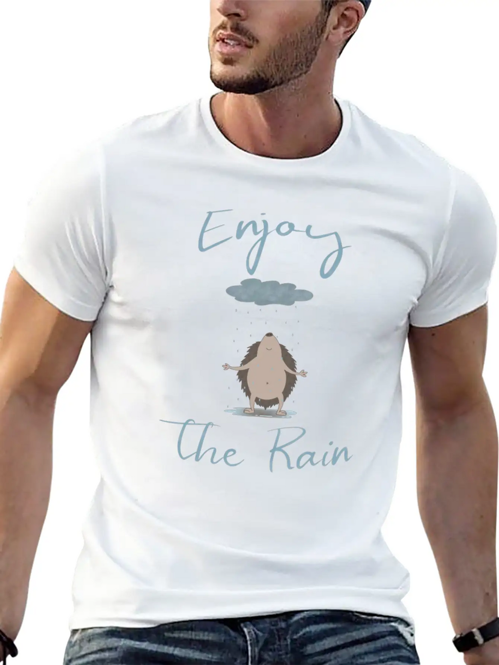 Illustrated Hedgehog In The Rain Unisex Casual T-Shirt – Clean Design For Daily Comfort