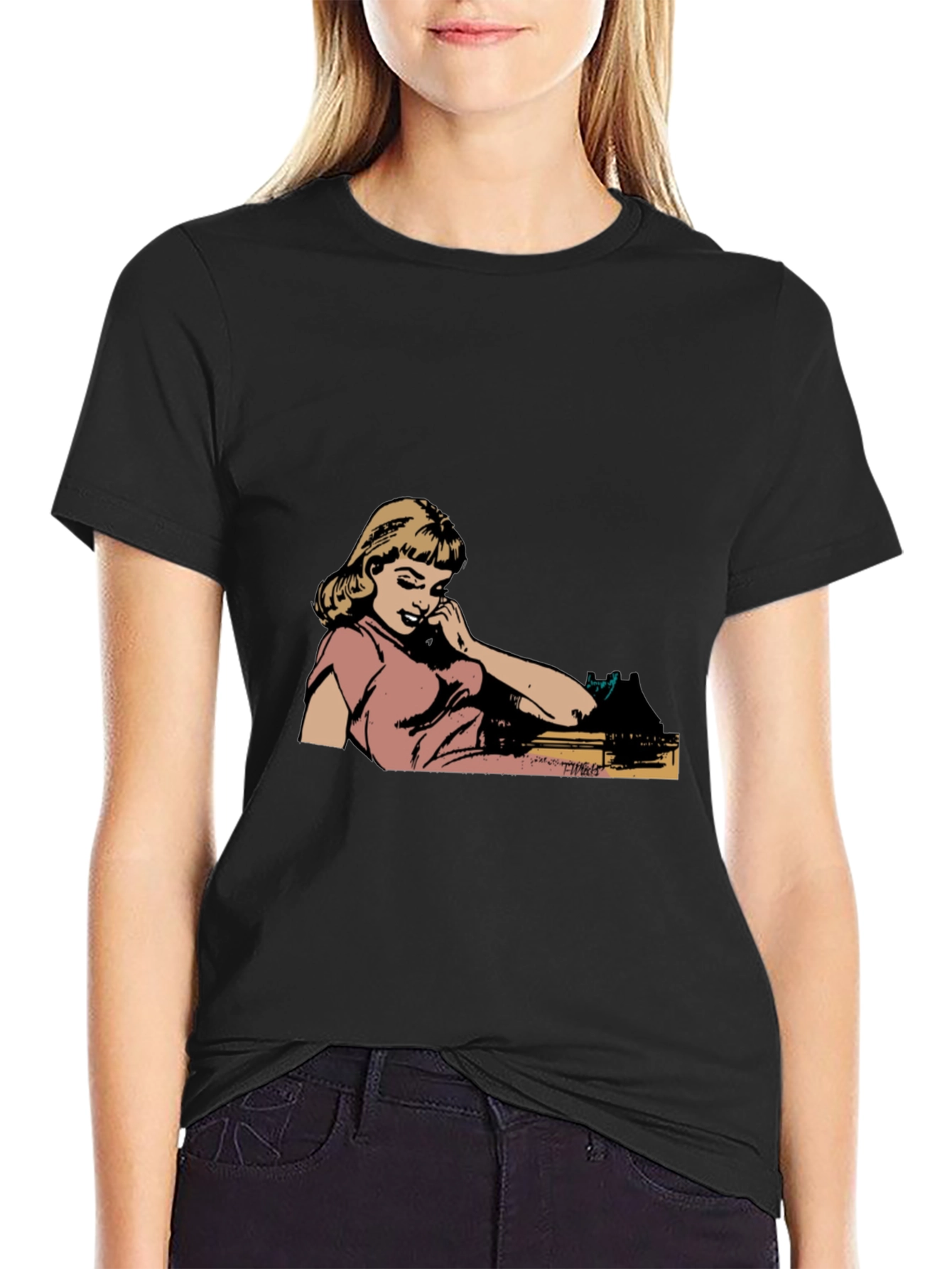Retro Comic Girl Graphic Black T-Shirt