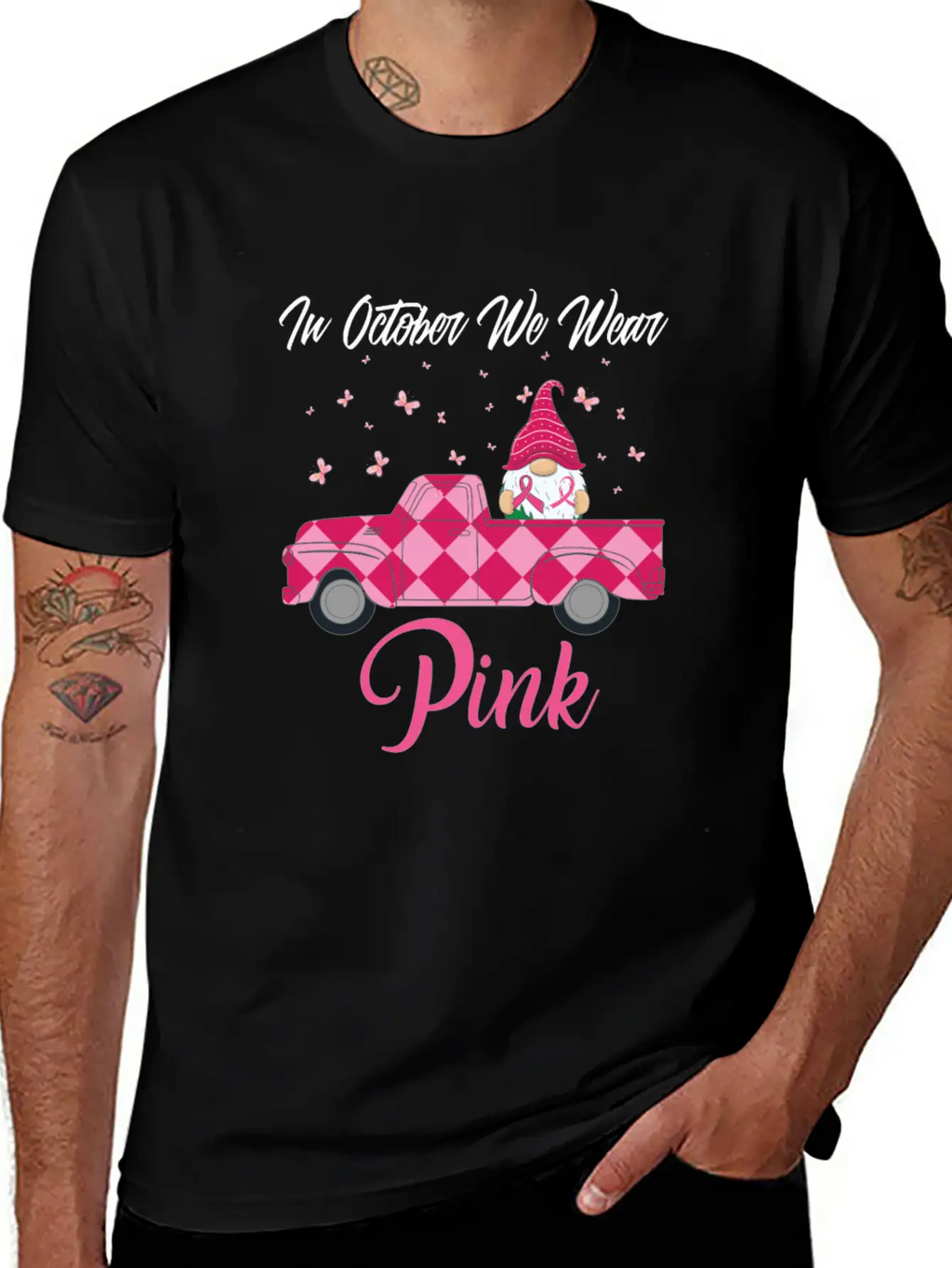 In October We Wear Pink Gnome Truck Breast Cancer Essential Cotton Tee For Daily Outfits – Unisex Style