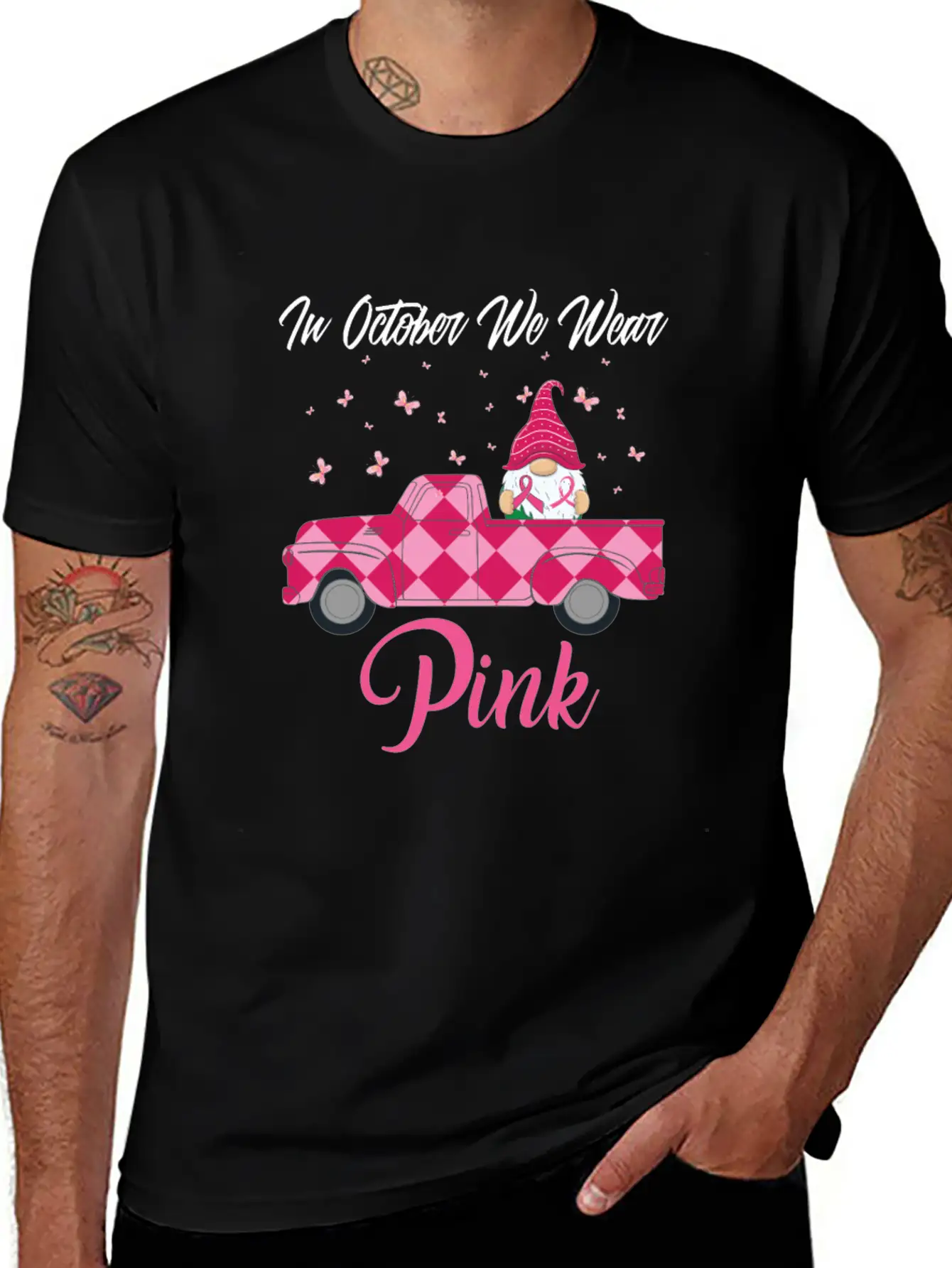 In October We Wear Pink Gnome Truck Breast Cancer Essential Cotton Tee For Daily Outfits – Unisex Style