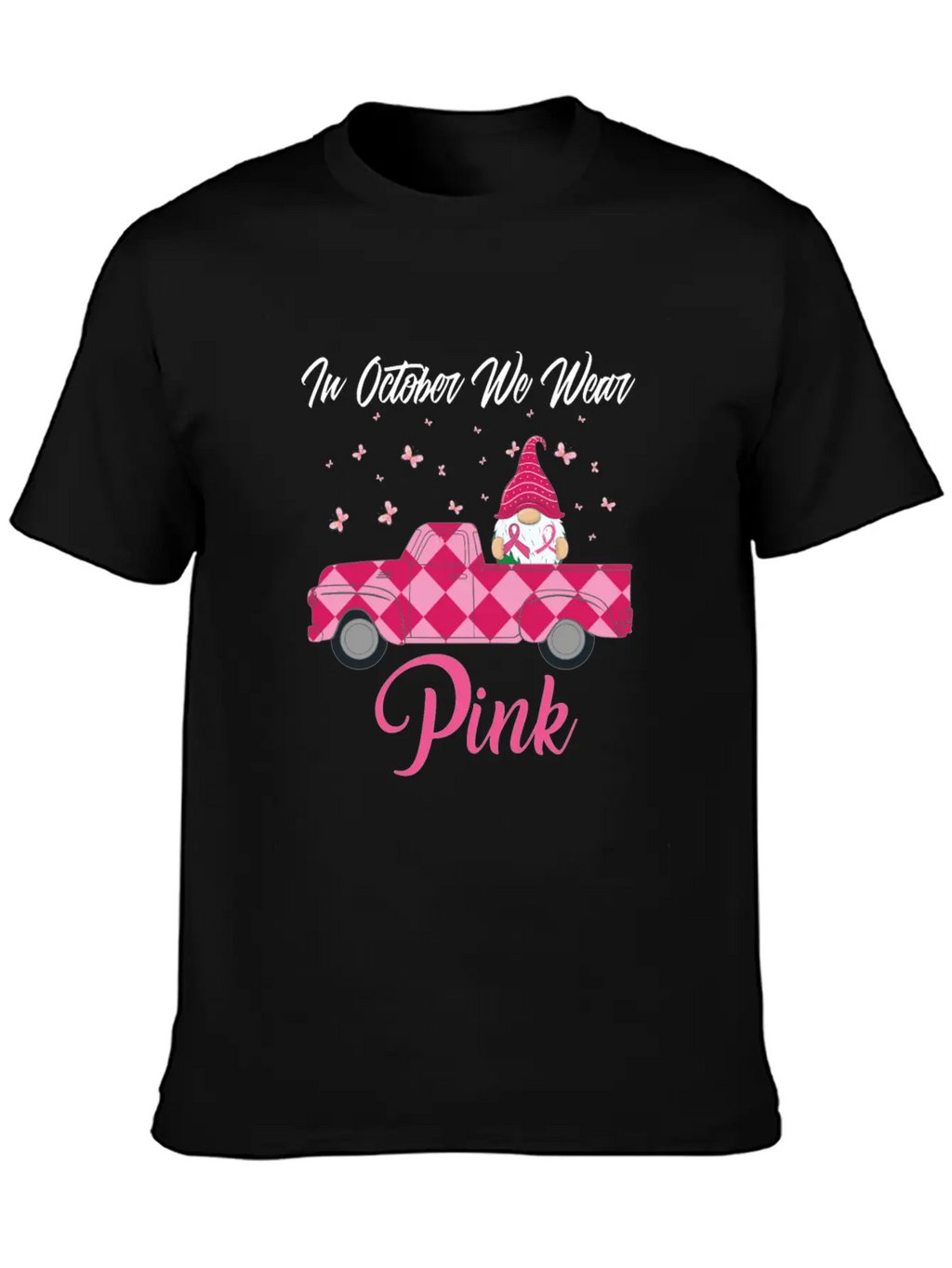 In October We Wear Pink Gnome Truck Breast Cancer Essential Cotton Tee For Daily Outfits – Unisex Style