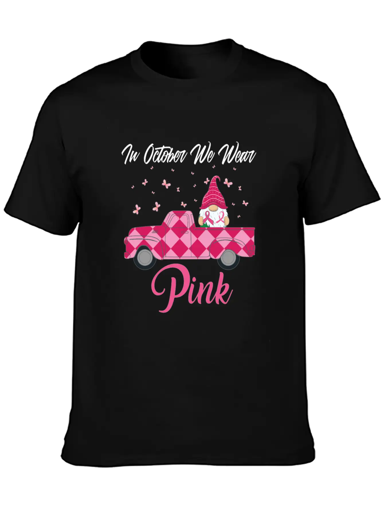 In October We Wear Pink Gnome Truck Breast Cancer Essential Cotton Tee For Daily Outfits – Unisex Style