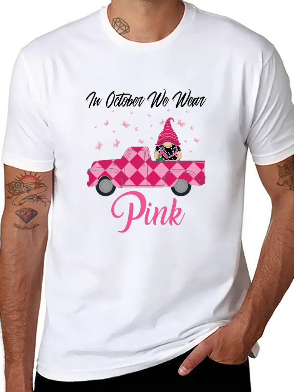 In October We Wear Pink Gnome Truck Breast Cancer Essential Cotton Tee For Daily Outfits – Unisex Style