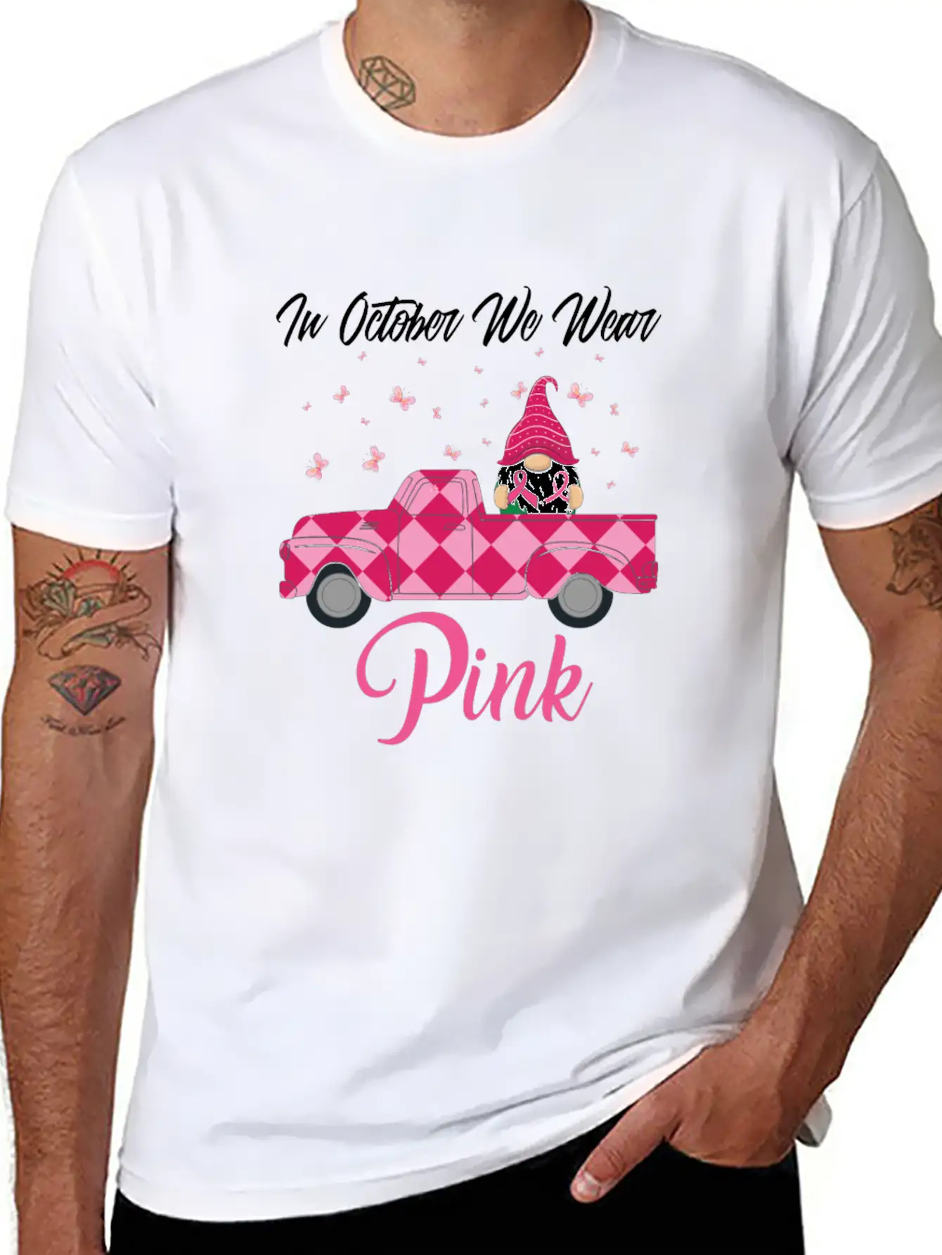In October We Wear Pink Gnome Truck Breast Cancer Essential Cotton Tee For Daily Outfits – Unisex Style