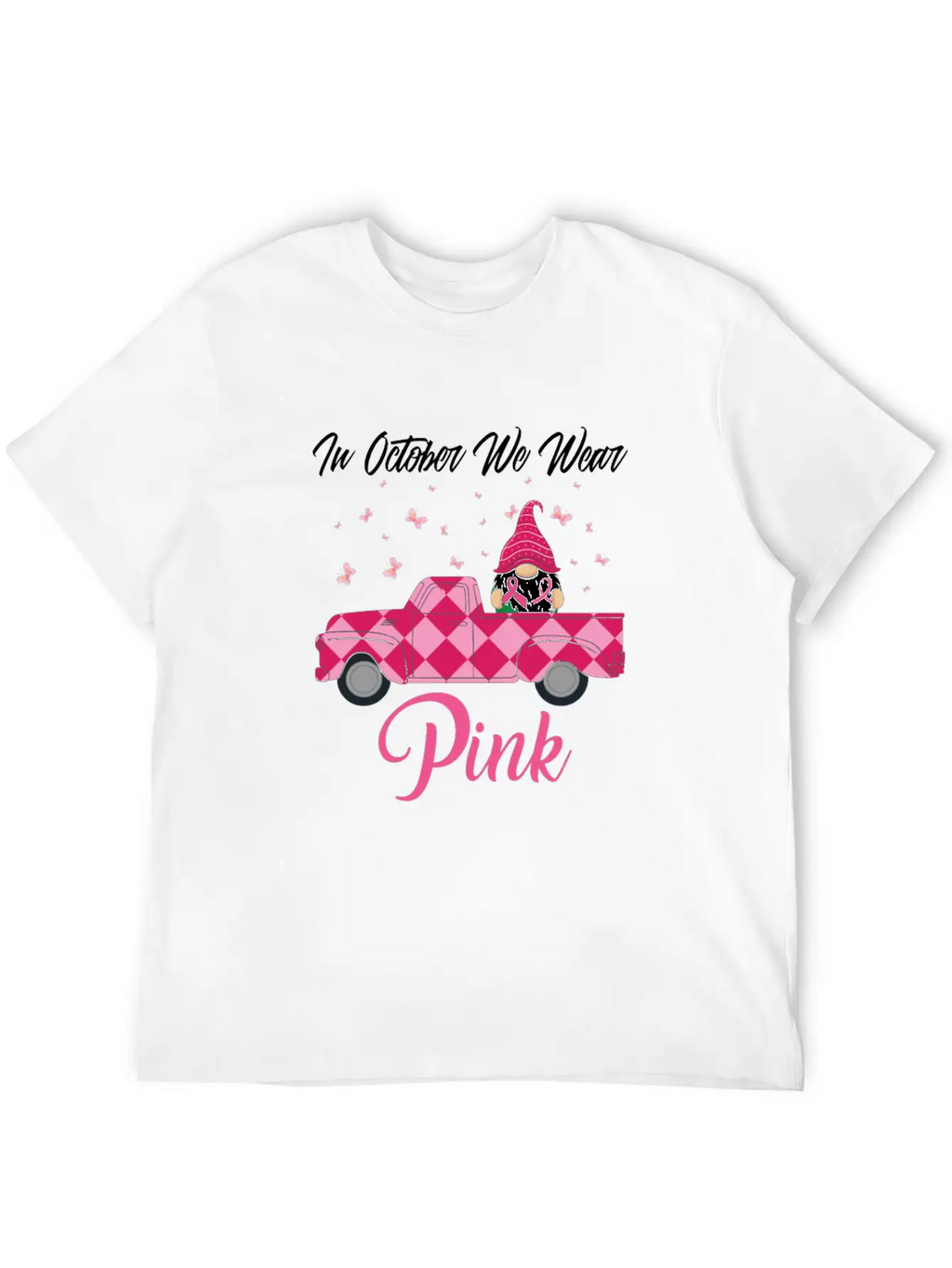 In October We Wear Pink Gnome Truck Breast Cancer Essential Cotton Tee For Daily Outfits – Unisex Style
