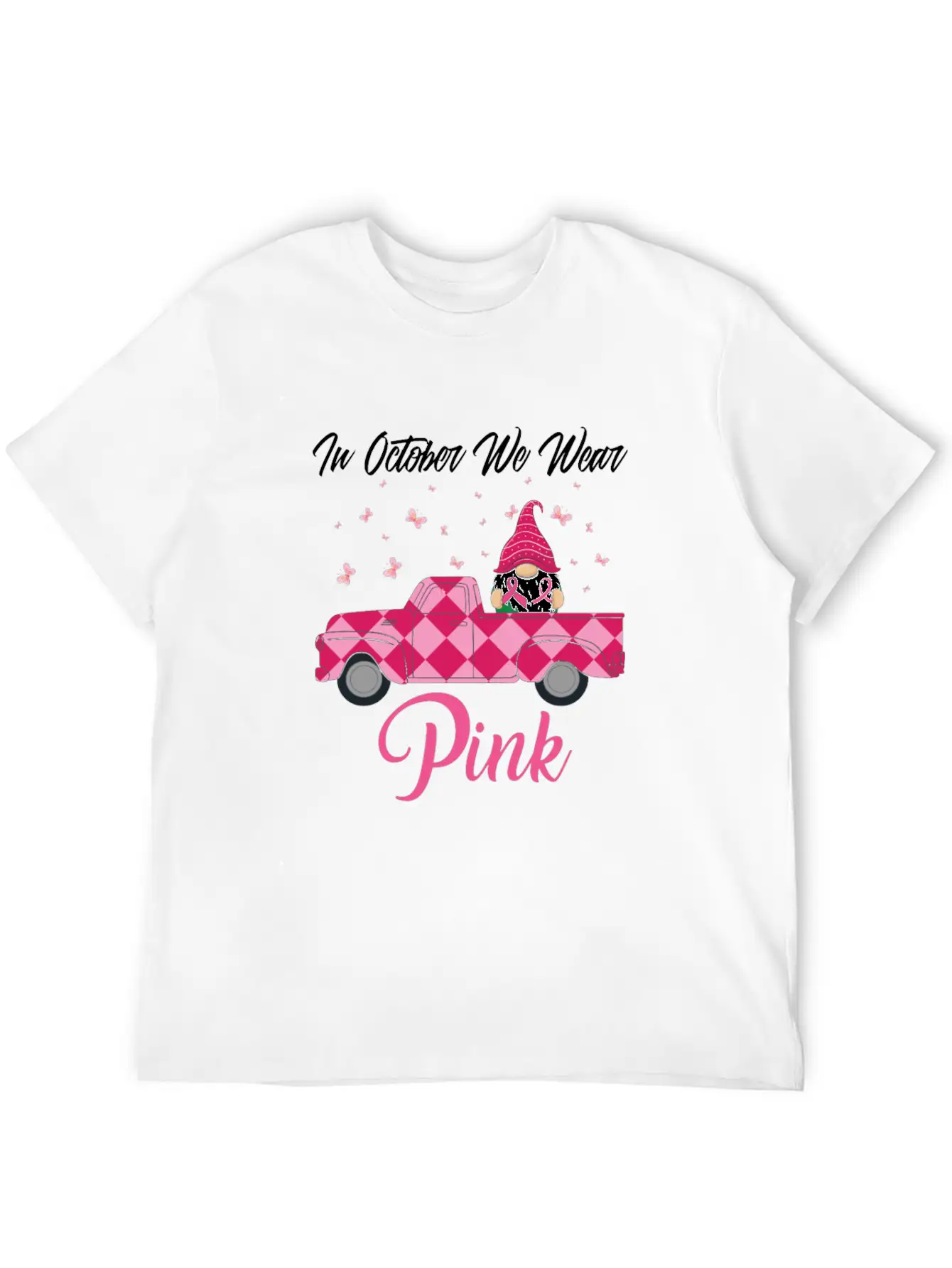 In October We Wear Pink Gnome Truck Breast Cancer Essential Cotton Tee For Daily Outfits – Unisex Style
