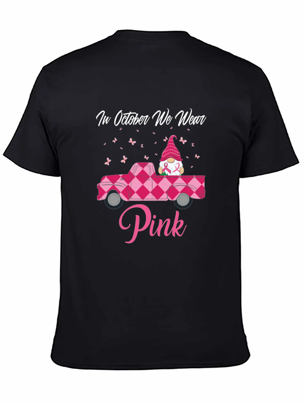 In October We Wear Pink Gnome Truck Breast Cancer Essential Cotton Tee For Daily Outfits – Unisex Style