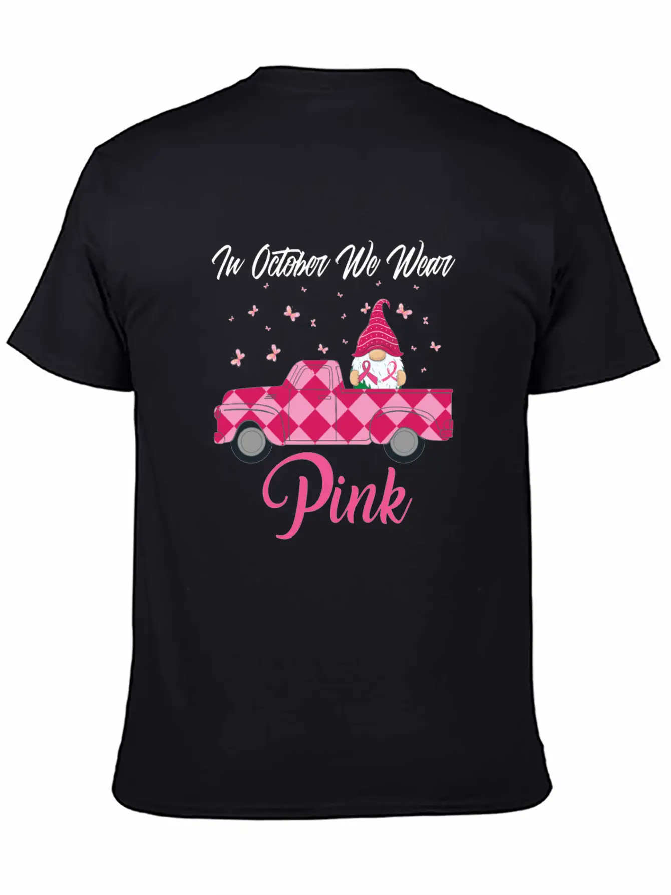 In October We Wear Pink Gnome Truck Breast Cancer Essential Cotton Tee For Daily Outfits – Unisex Style