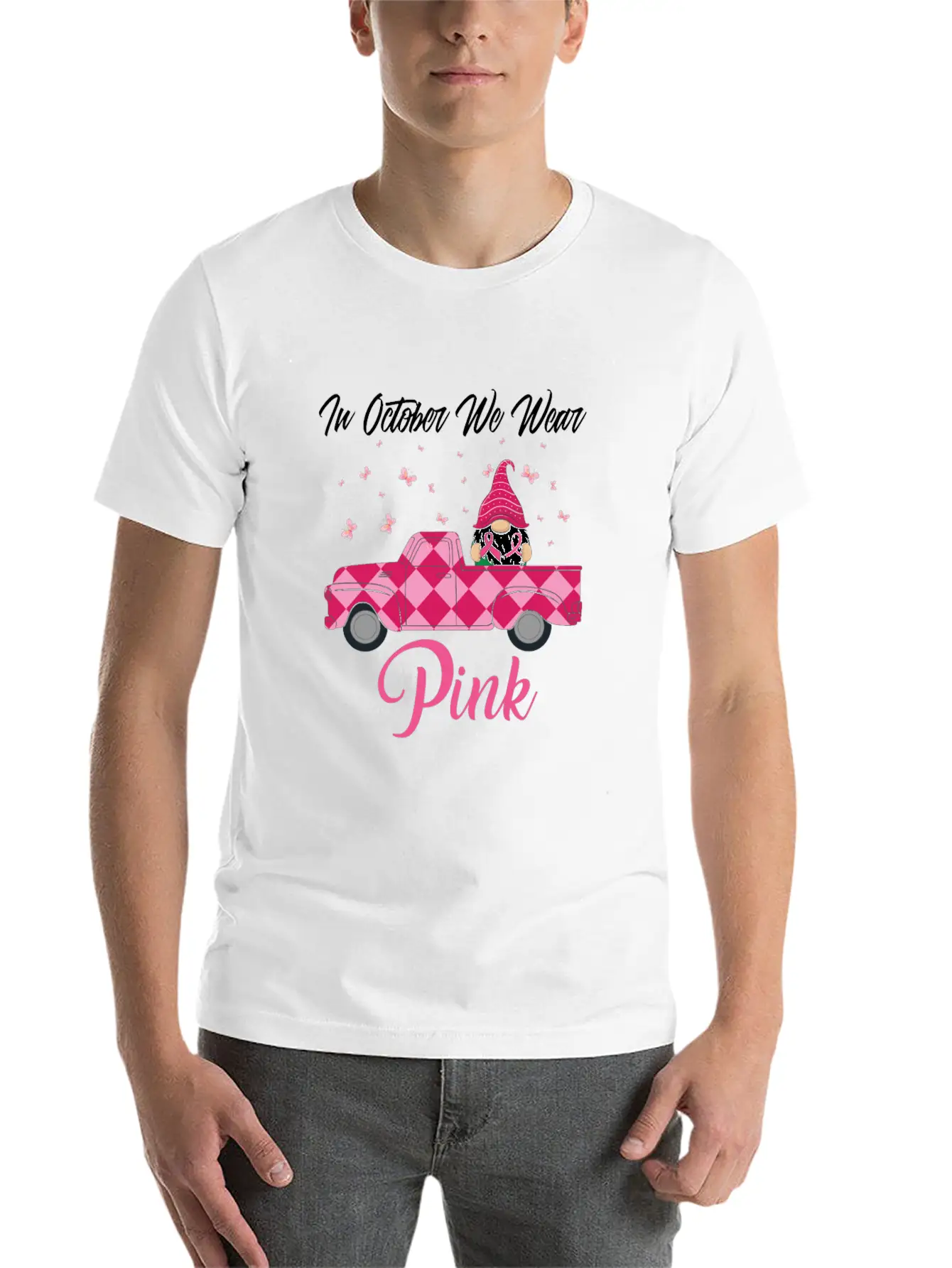 In October We Wear Pink Gnome Truck Breast Cancer Essential Cotton Tee For Daily Outfits – Unisex Style