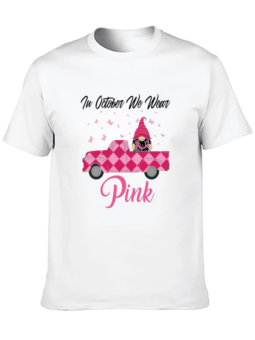 In October We Wear Pink Gnome Truck Breast Cancer Essential Cotton Tee For Daily Outfits – Unisex Style