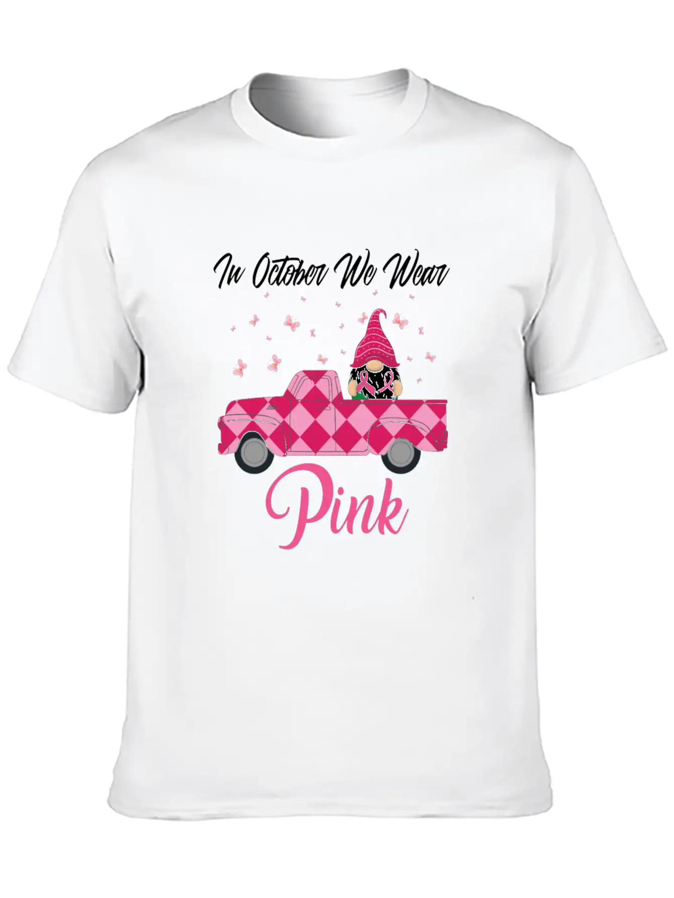 In October We Wear Pink Gnome Truck Breast Cancer Essential Cotton Tee For Daily Outfits – Unisex Style