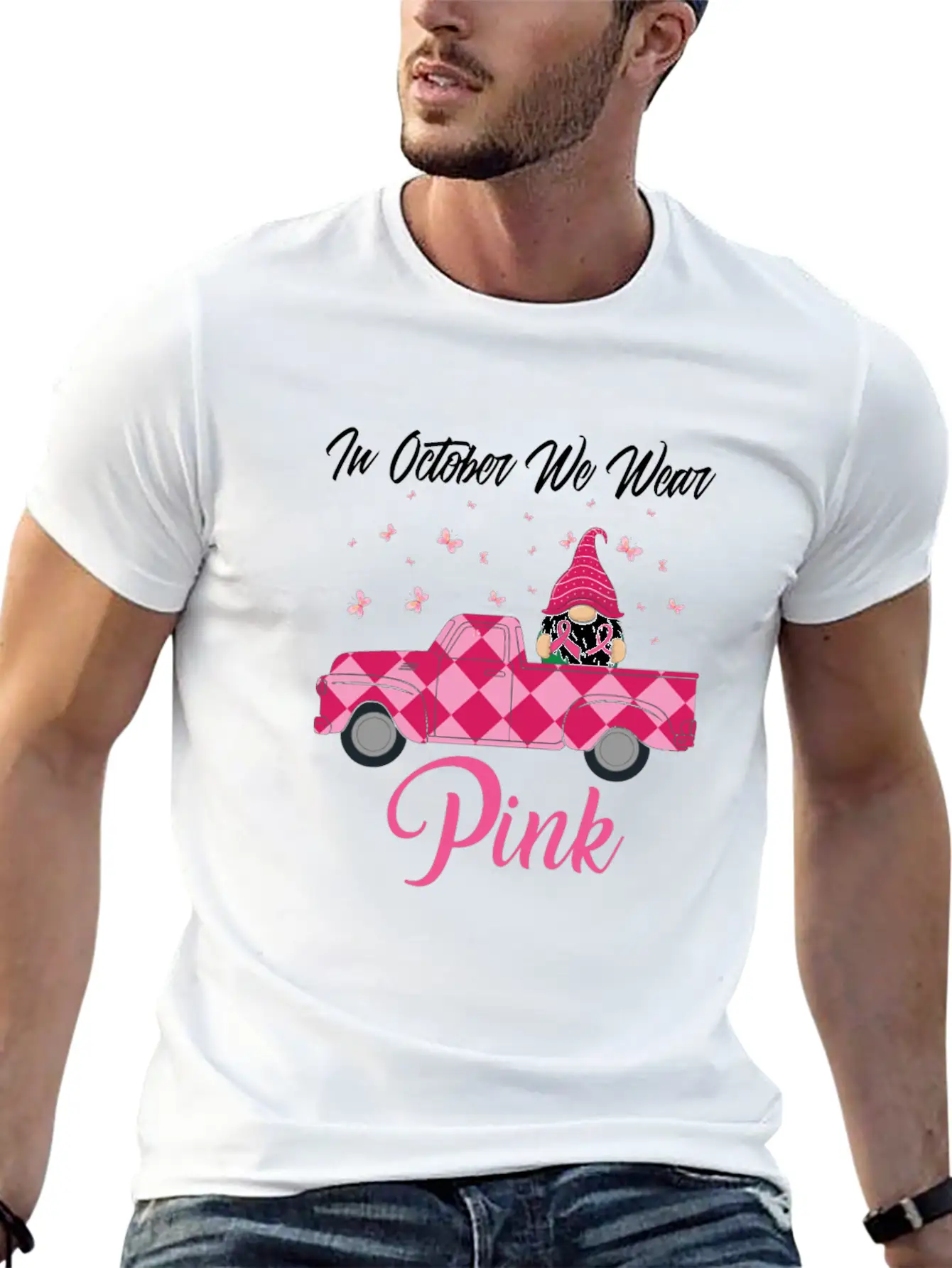 In October We Wear Pink Gnome Truck Breast Cancer Essential Cotton Tee For Daily Outfits – Unisex Style
