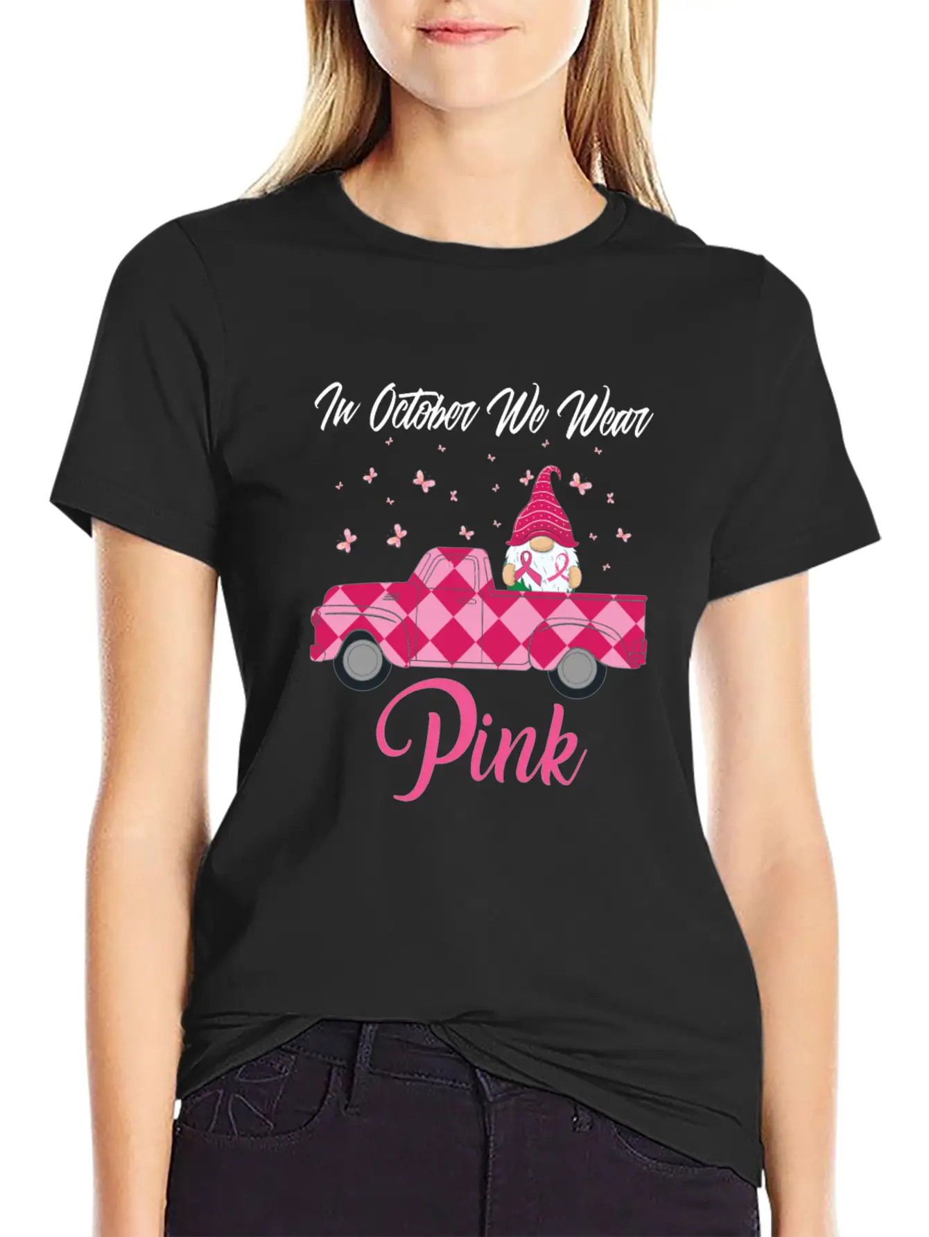 In October We Wear Pink Gnome Truck Breast Cancer Essential Cotton Tee For Daily Outfits – Unisex Style