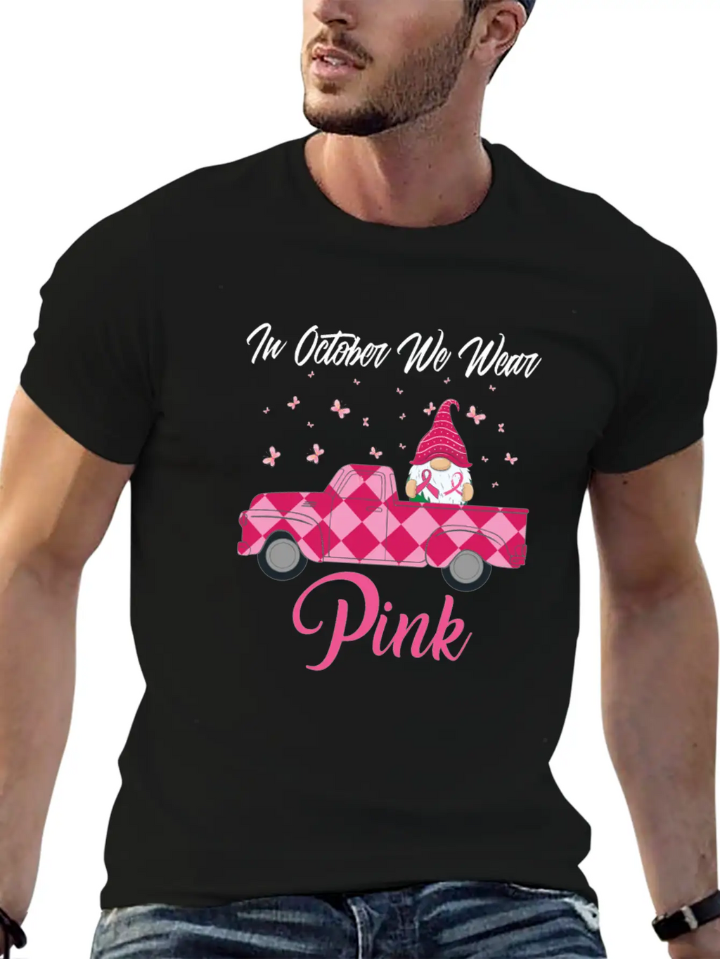 In October We Wear Pink Gnome Truck Breast Cancer Essential Cotton Tee For Daily Outfits – Unisex Style