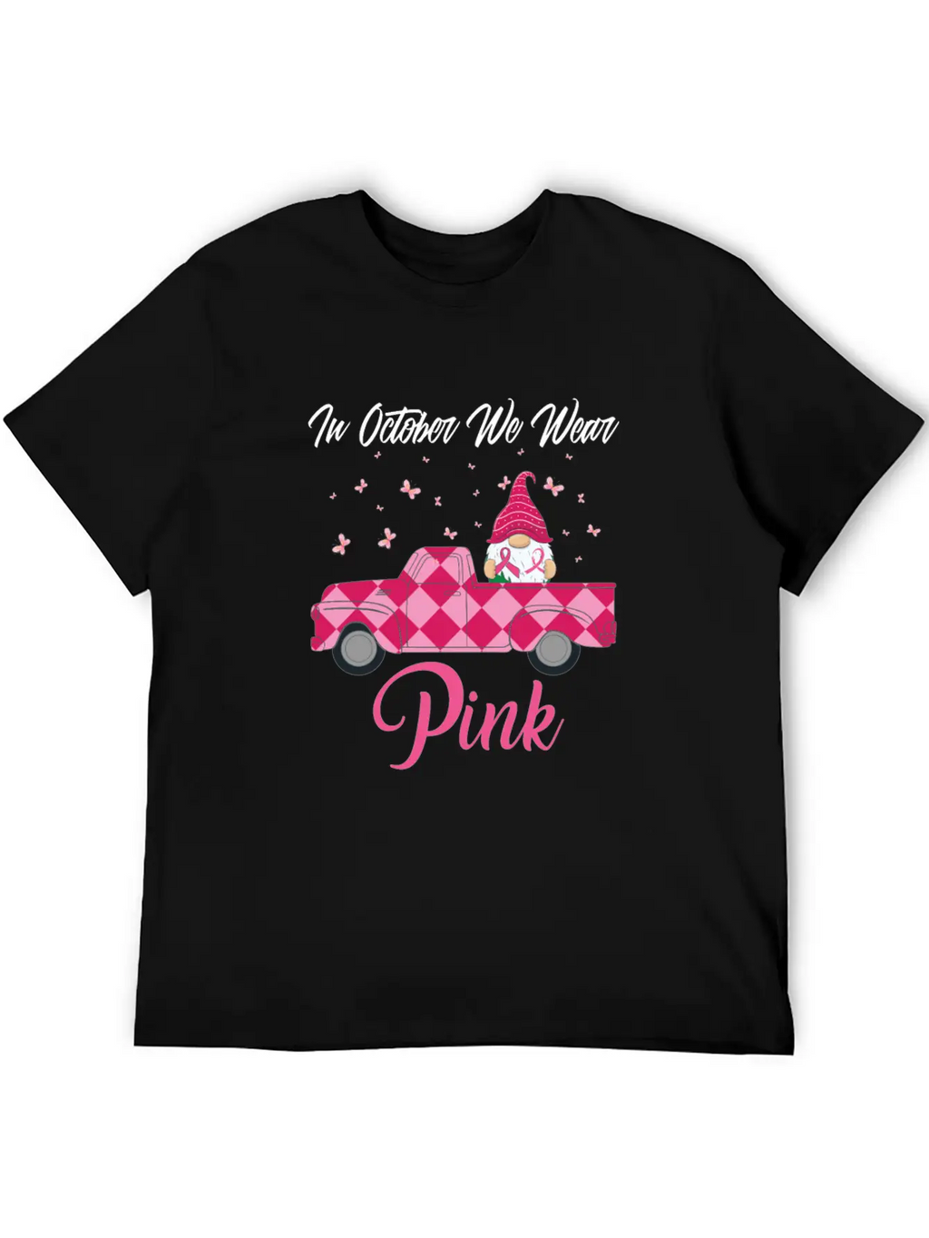 In October We Wear Pink Gnome Truck Breast Cancer Essential Cotton Tee For Daily Outfits – Unisex Style