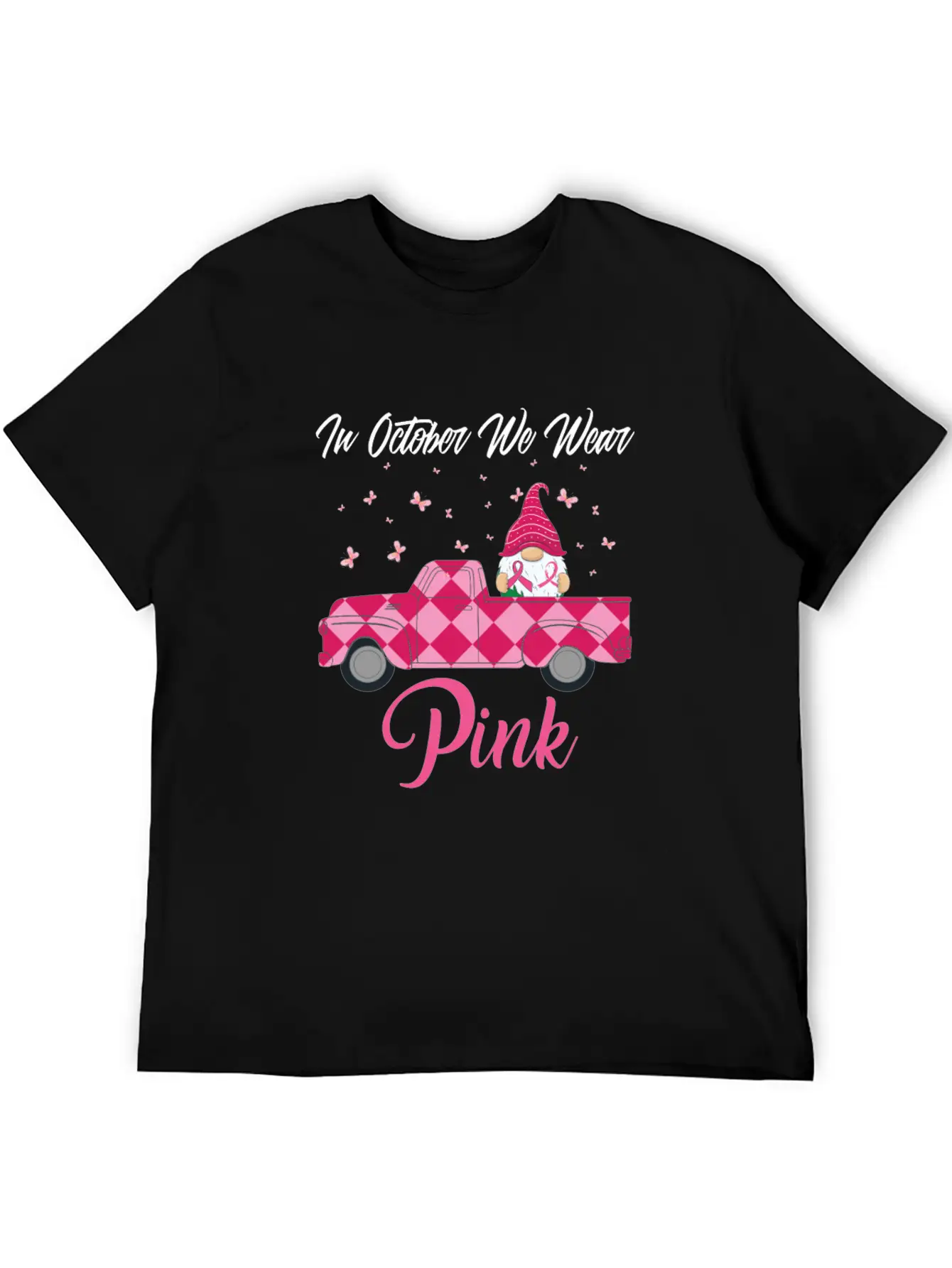 In October We Wear Pink Gnome Truck Breast Cancer Essential Cotton Tee For Daily Outfits – Unisex Style
