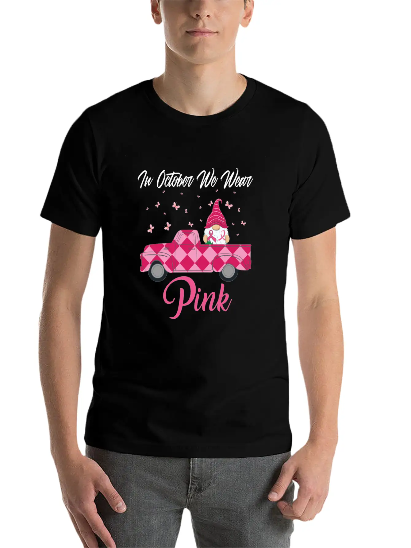 In October We Wear Pink Gnome Truck Breast Cancer Essential Cotton Tee For Daily Outfits – Unisex Style