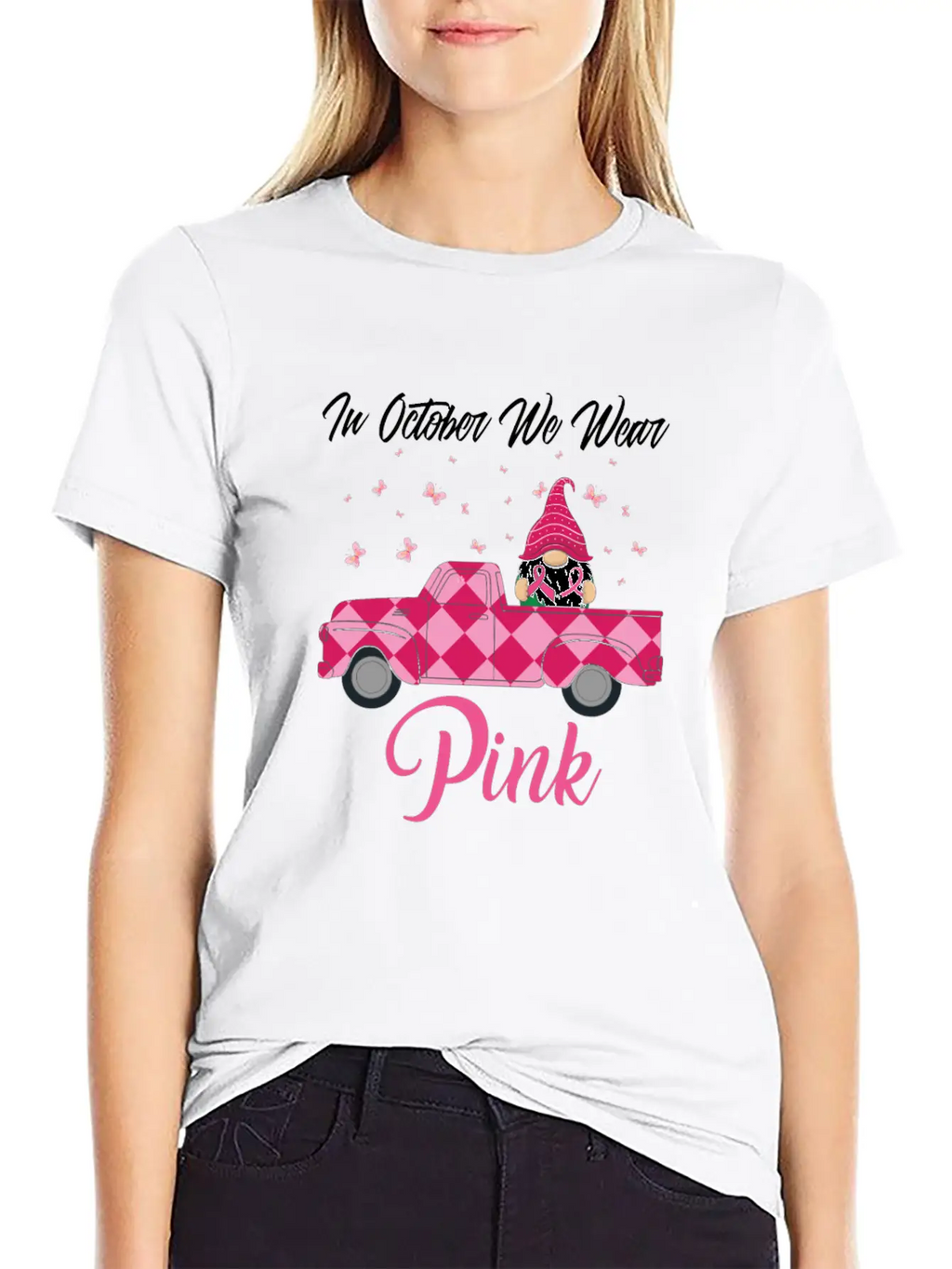 In October We Wear Pink Gnome Truck Breast Cancer Essential Cotton Tee For Daily Outfits – Unisex Style