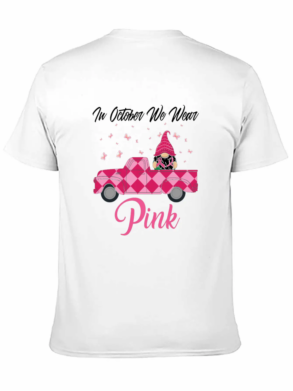 In October We Wear Pink Gnome Truck Breast Cancer Essential Cotton Tee For Daily Outfits – Unisex Style