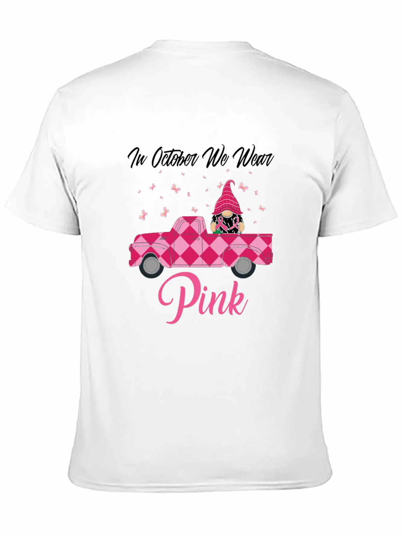 In October We Wear Pink Gnome Truck Breast Cancer Essential Cotton Tee For Daily Outfits – Unisex Style