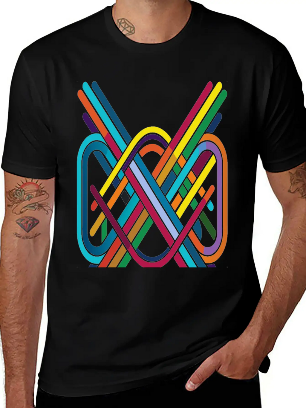 Interwoven Spectrum - Geometric Line Art Breathable Soft Cotton T-Shirt – Timeless Casual Look