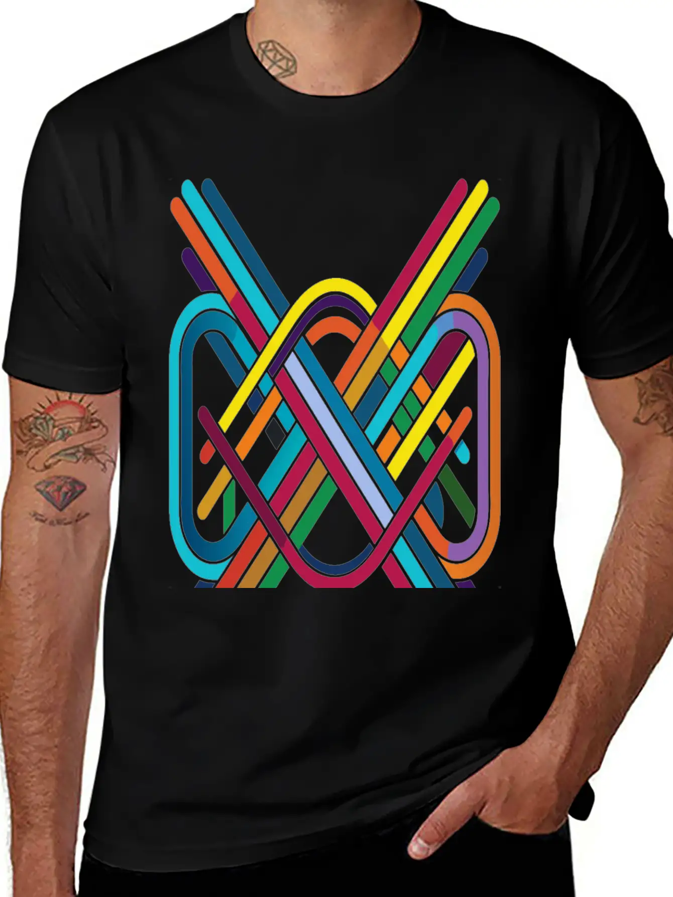 Interwoven Spectrum - Geometric Line Art Breathable Soft Cotton T-Shirt – Timeless Casual Look