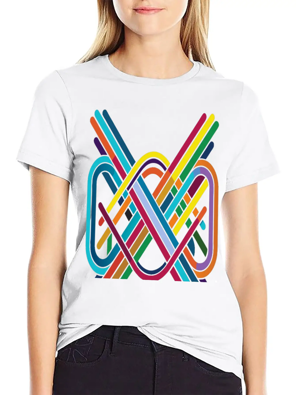 Interwoven Spectrum - Geometric Line Art Breathable Soft Cotton T-Shirt – Timeless Casual Look