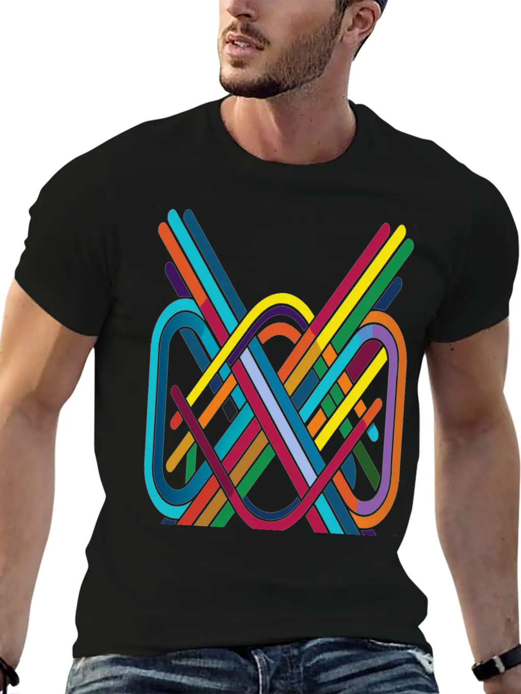 Interwoven Spectrum - Geometric Line Art Breathable Soft Cotton T-Shirt – Timeless Casual Look