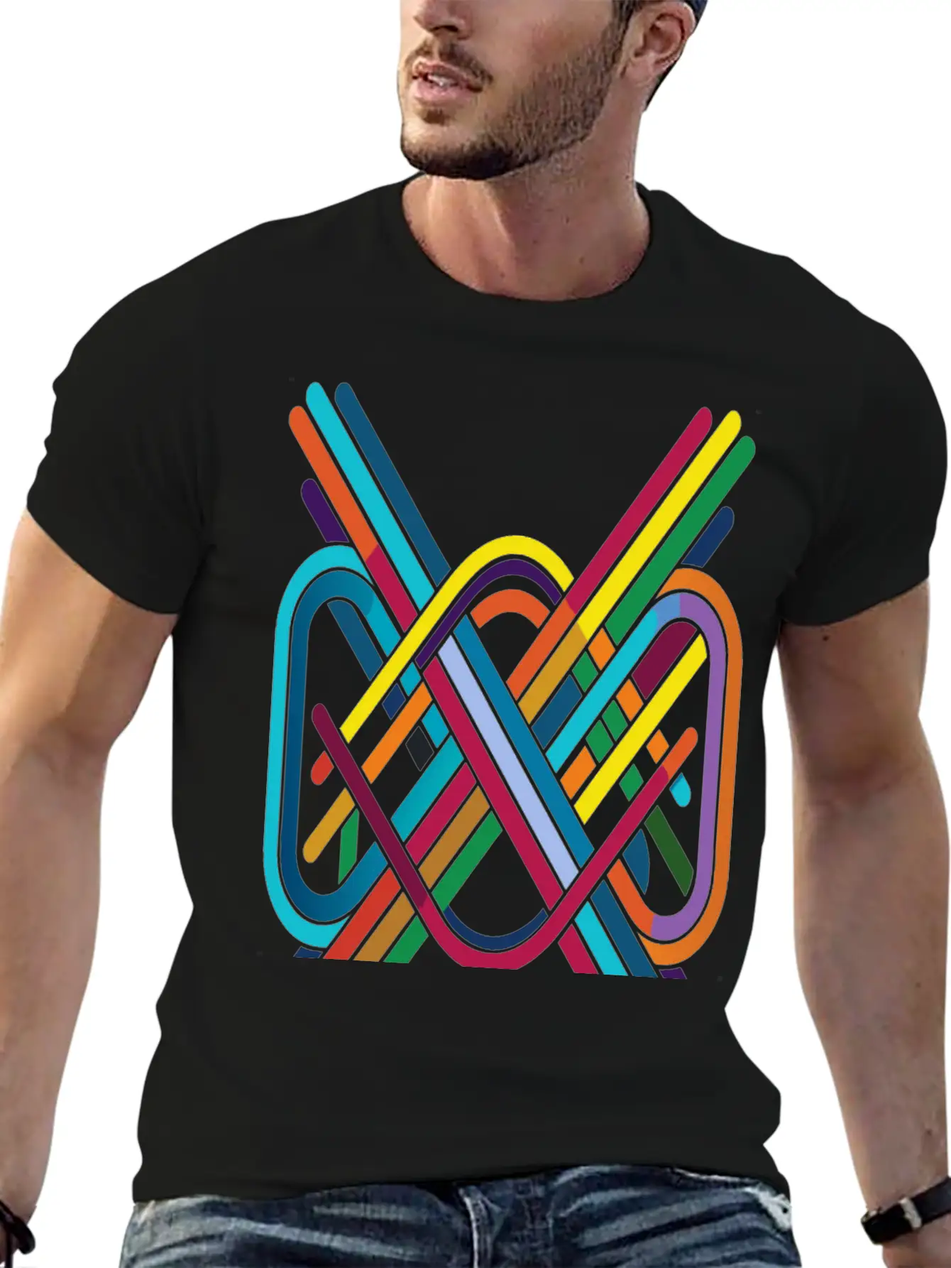 Interwoven Spectrum - Geometric Line Art Breathable Soft Cotton T-Shirt – Timeless Casual Look