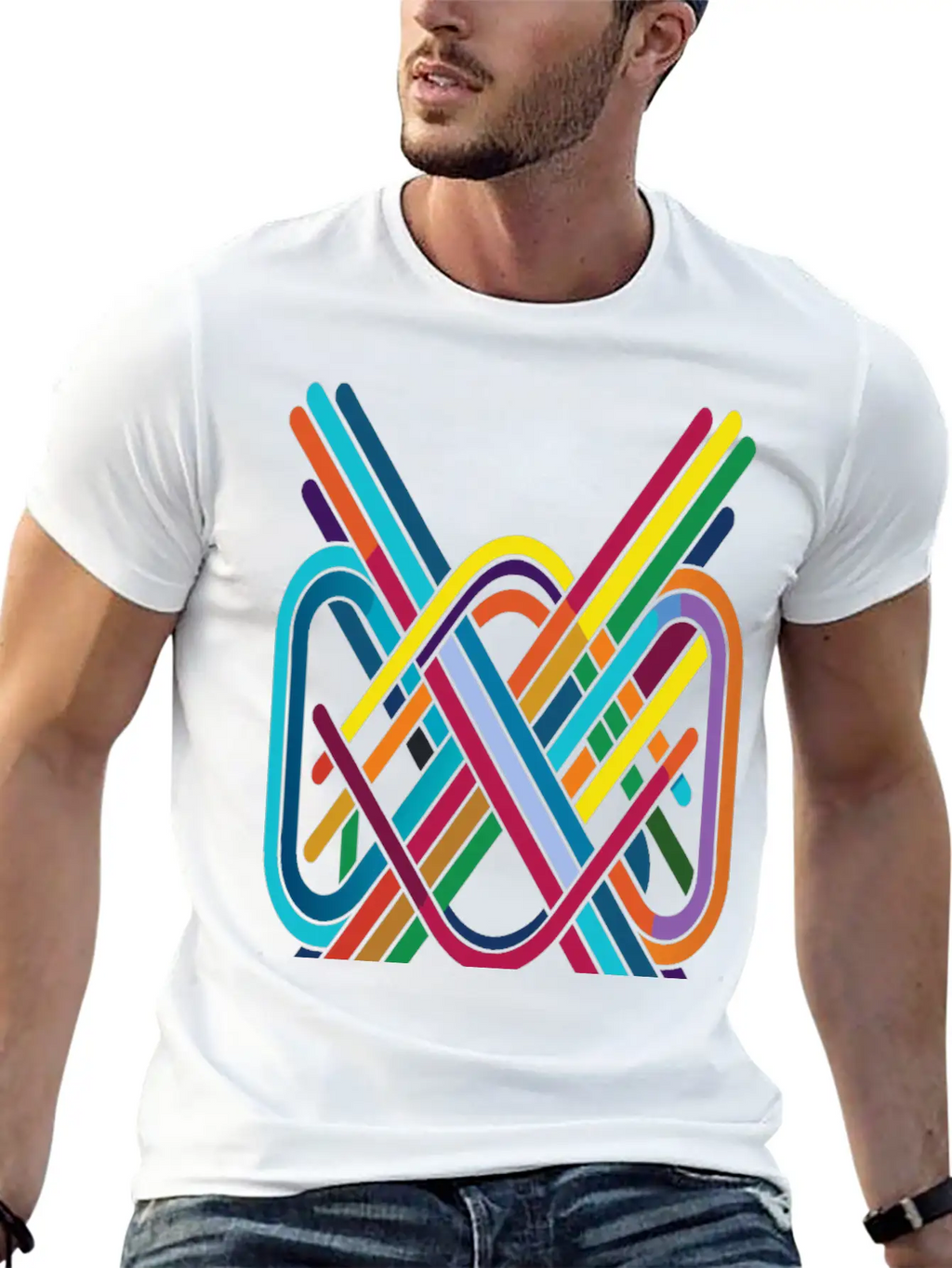 Interwoven Spectrum - Geometric Line Art Breathable Soft Cotton T-Shirt – Timeless Casual Look