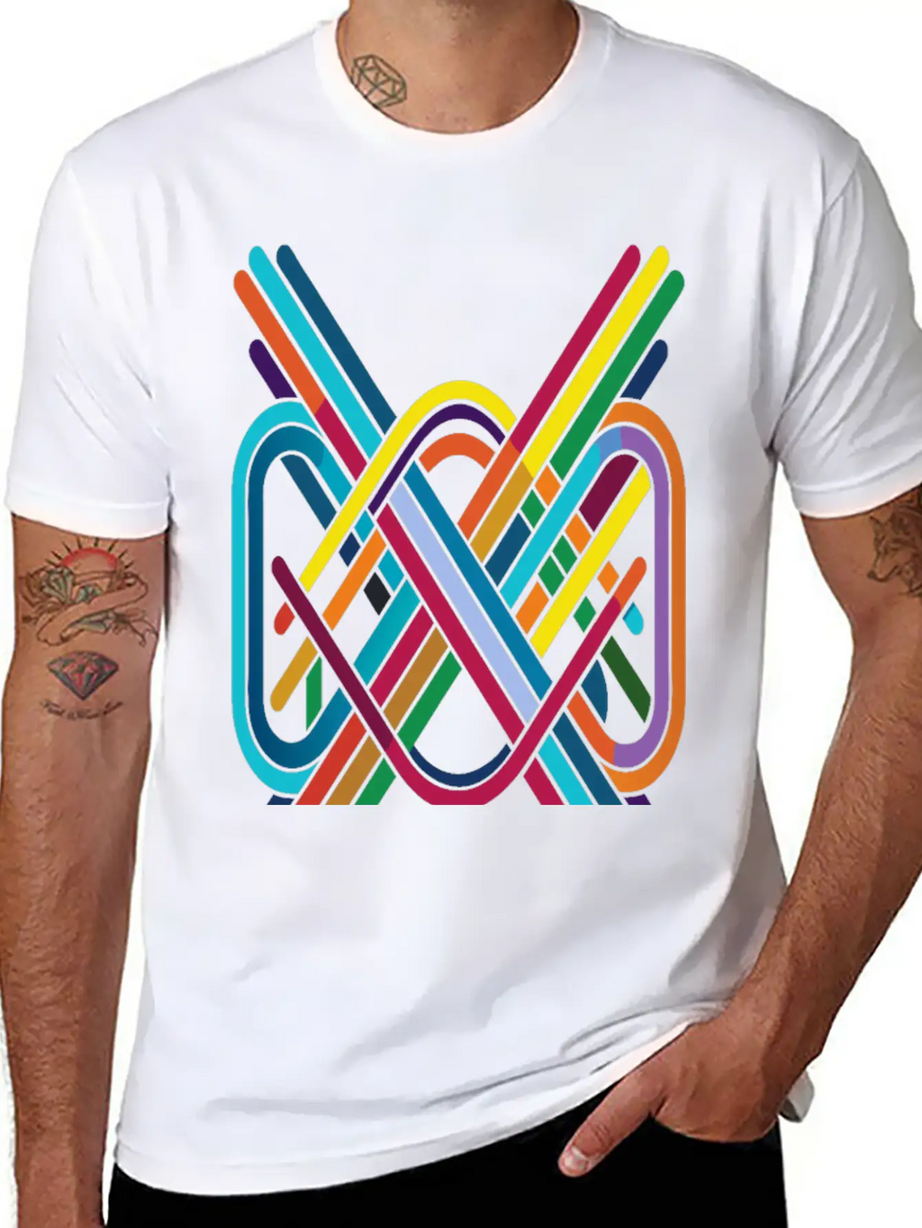 Interwoven Spectrum - Geometric Line Art Breathable Soft Cotton T-Shirt – Timeless Casual Look