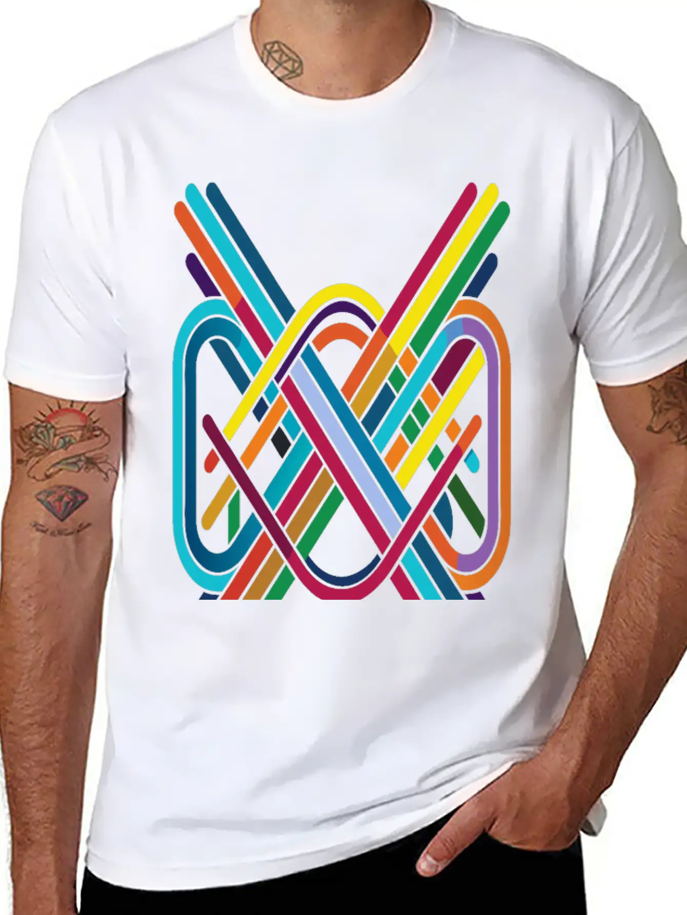 Interwoven Spectrum - Geometric Line Art Breathable Soft Cotton T-Shirt – Timeless Casual Look