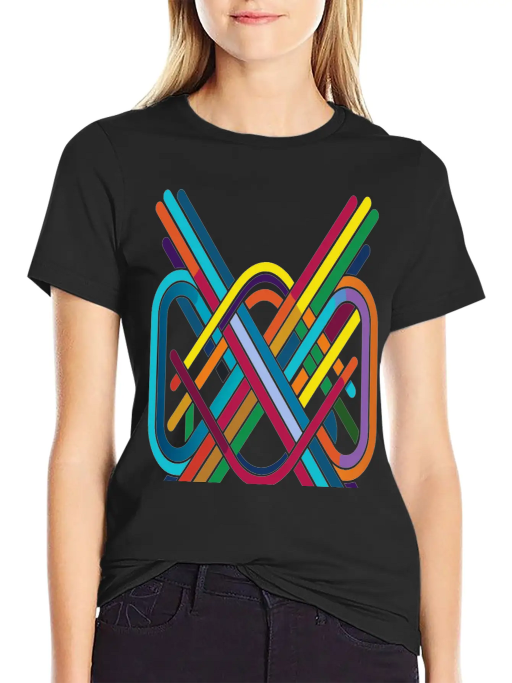 Interwoven Spectrum - Geometric Line Art Breathable Soft Cotton T-Shirt – Timeless Casual Look