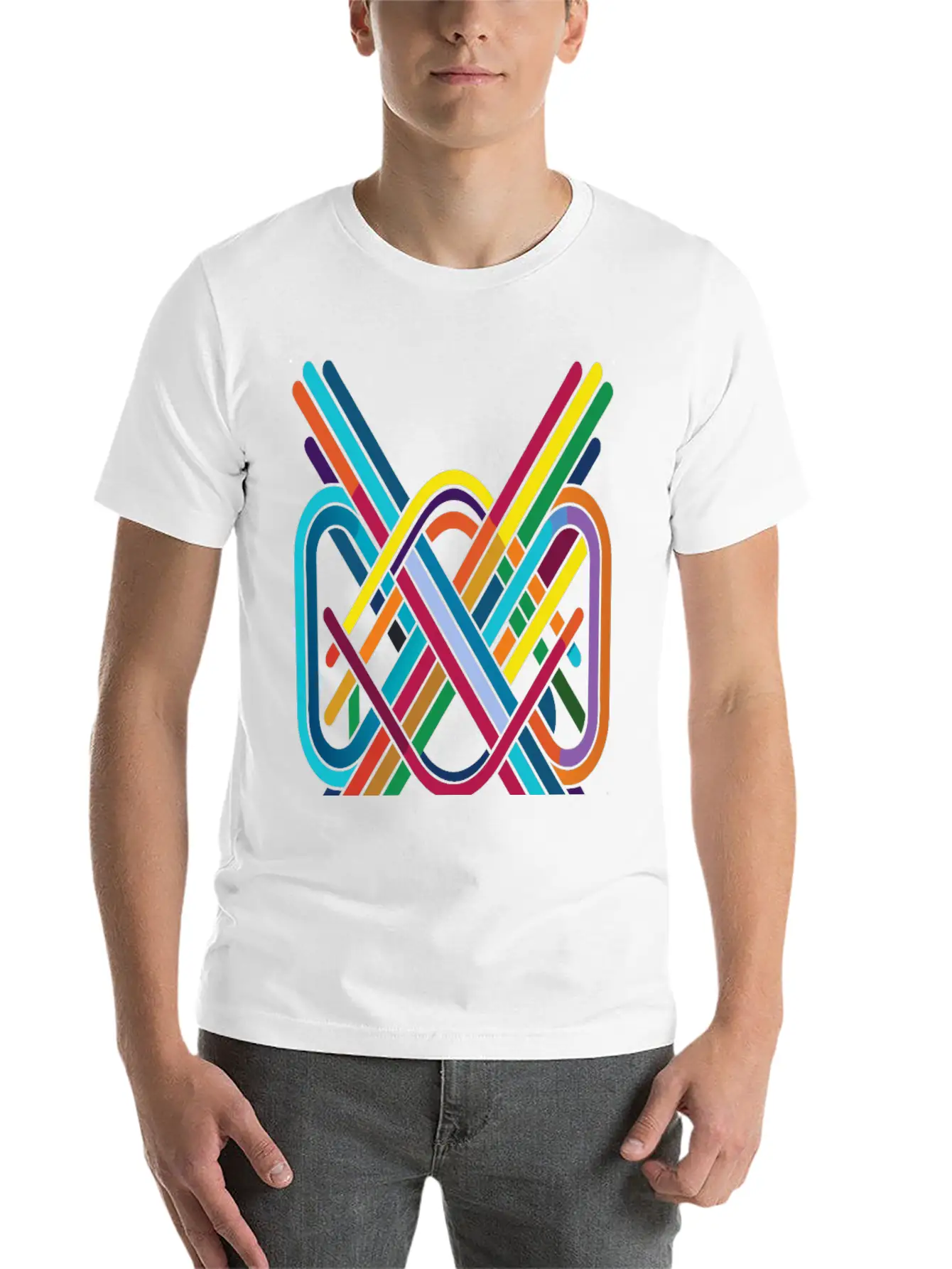 Interwoven Spectrum - Geometric Line Art Breathable Soft Cotton T-Shirt – Timeless Casual Look