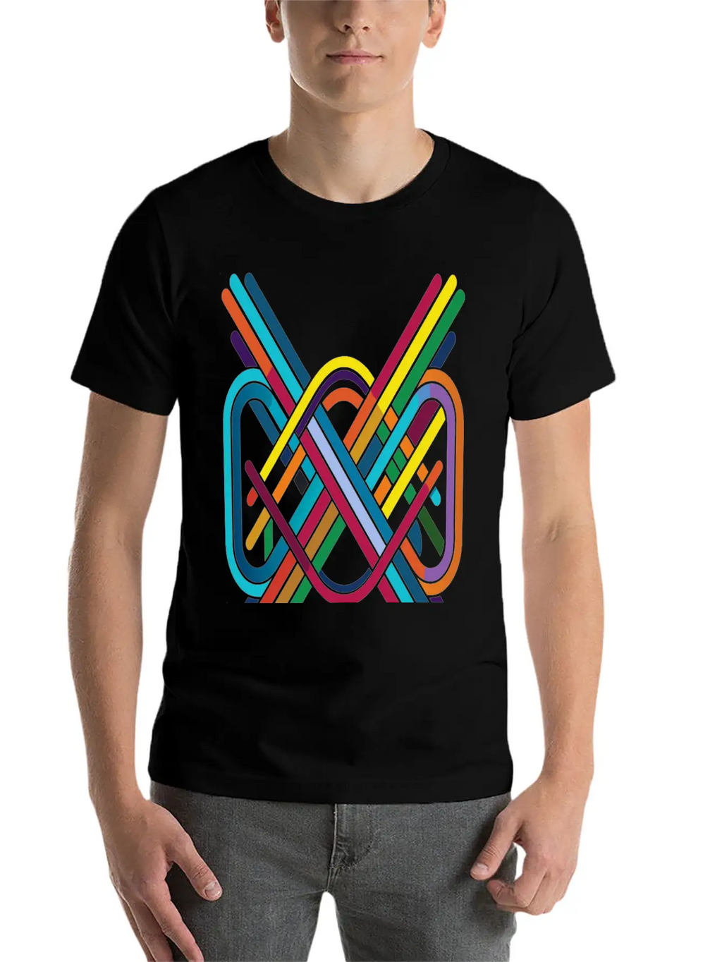 Interwoven Spectrum - Geometric Line Art Breathable Soft Cotton T-Shirt – Timeless Casual Look