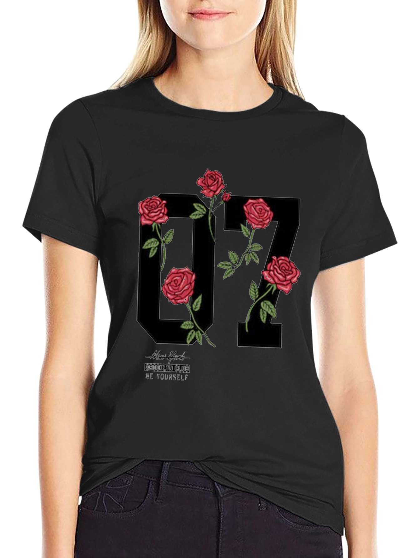 Floral Number Graphic Black T-Shirt