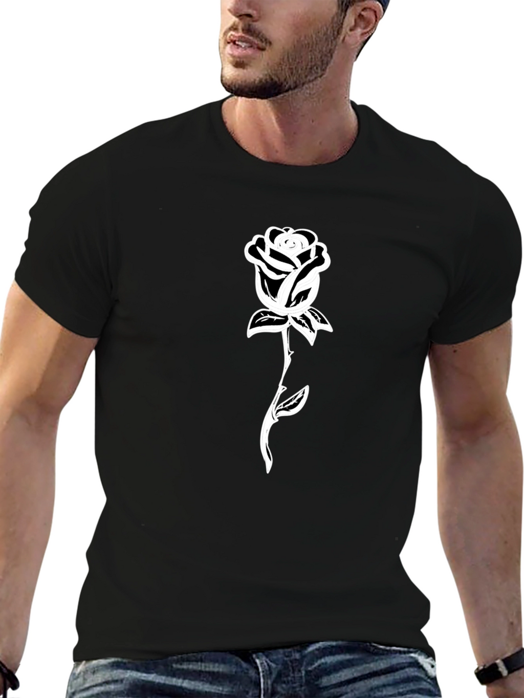 Black T-Shirt with White Rose Graphic