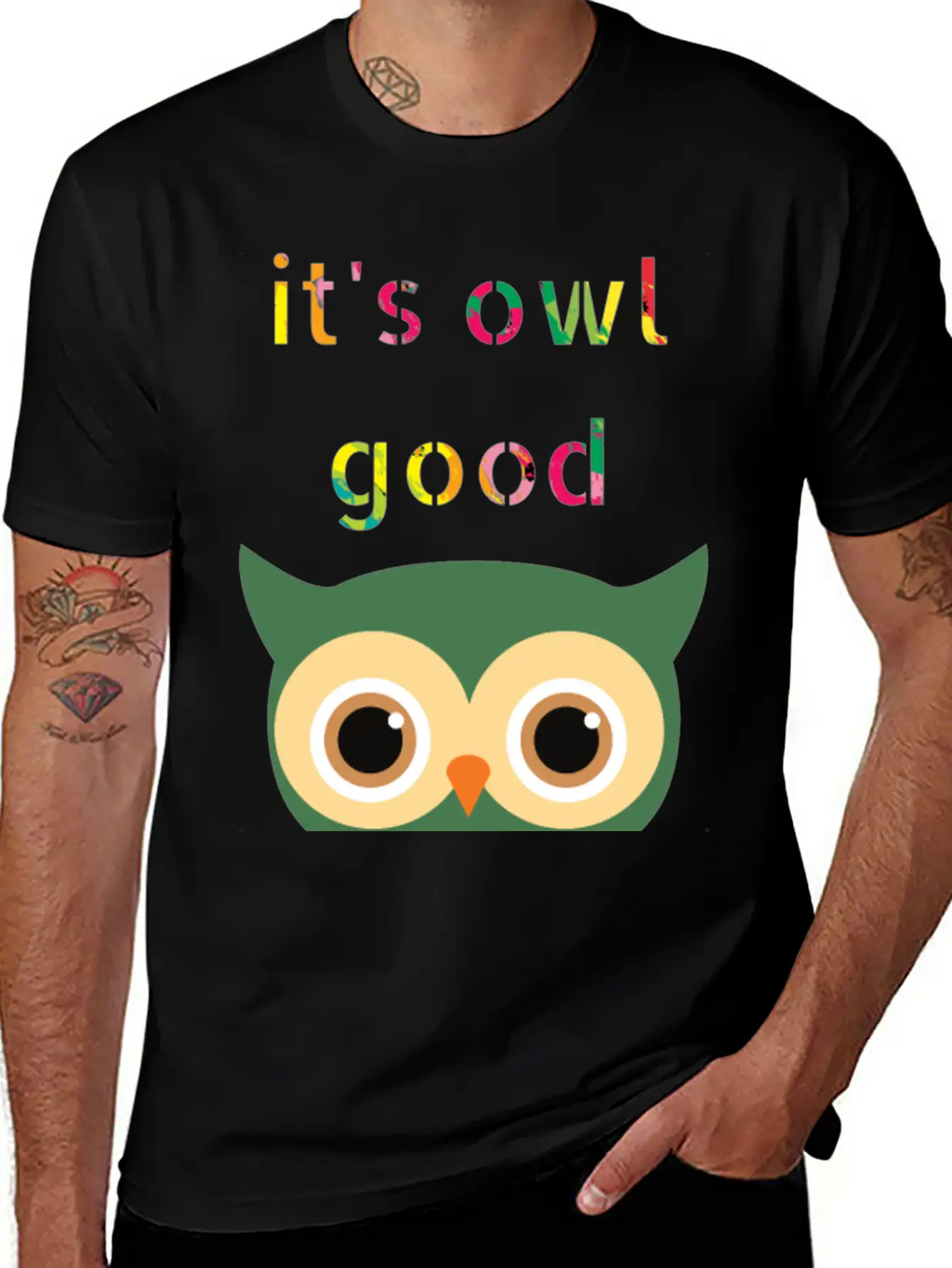 It's Owl Good , Colorful Text And Owl Casual Graphic T-Shirt – Simple And Comfortable Daily Wear