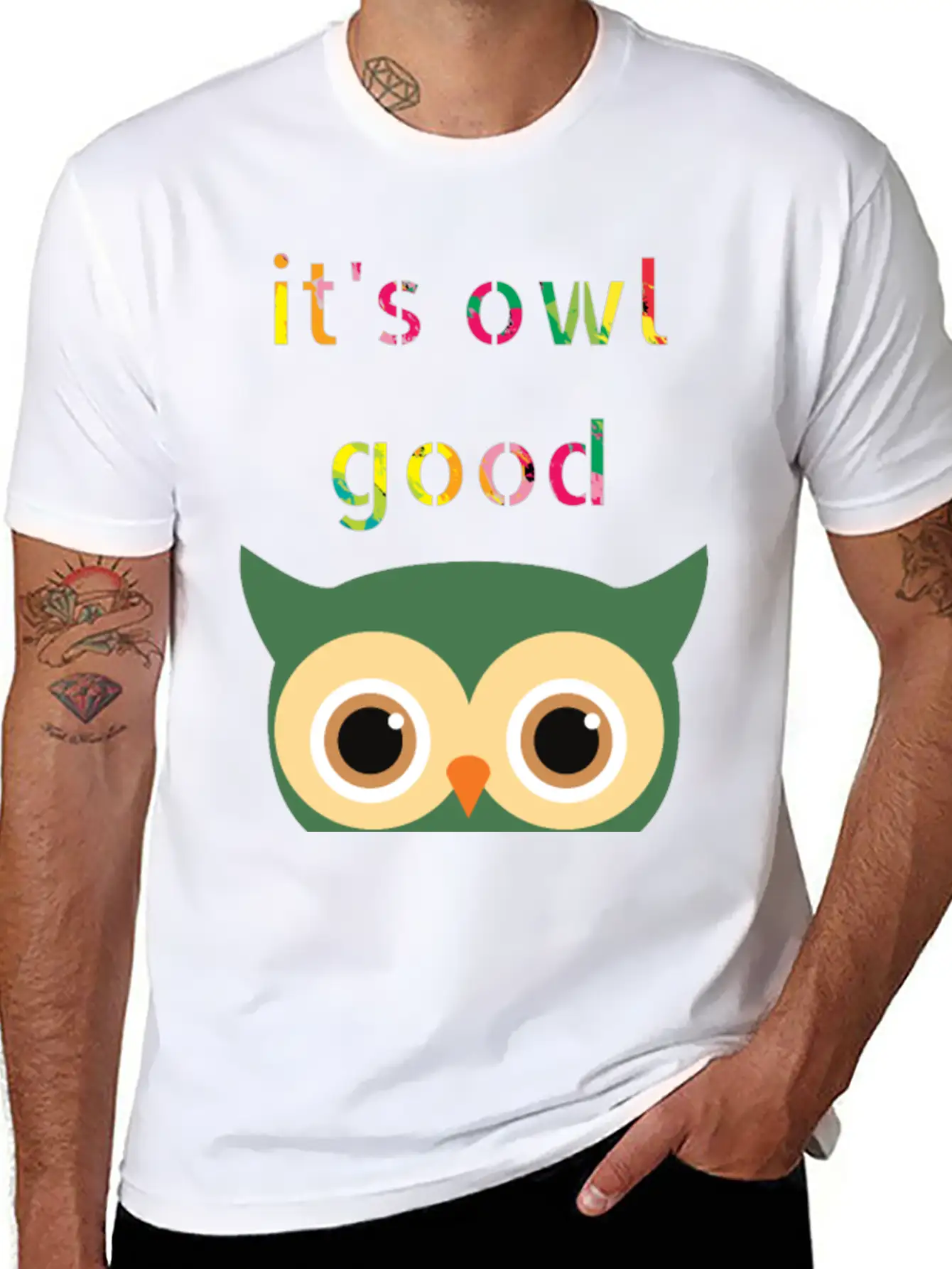 It's Owl Good , Colorful Text And Owl Casual Graphic T-Shirt – Simple And Comfortable Daily Wear