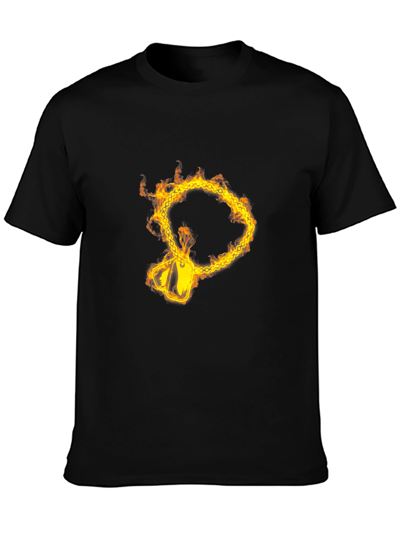 Flaming Chain Dog Tag Graphic Black T-Shirt