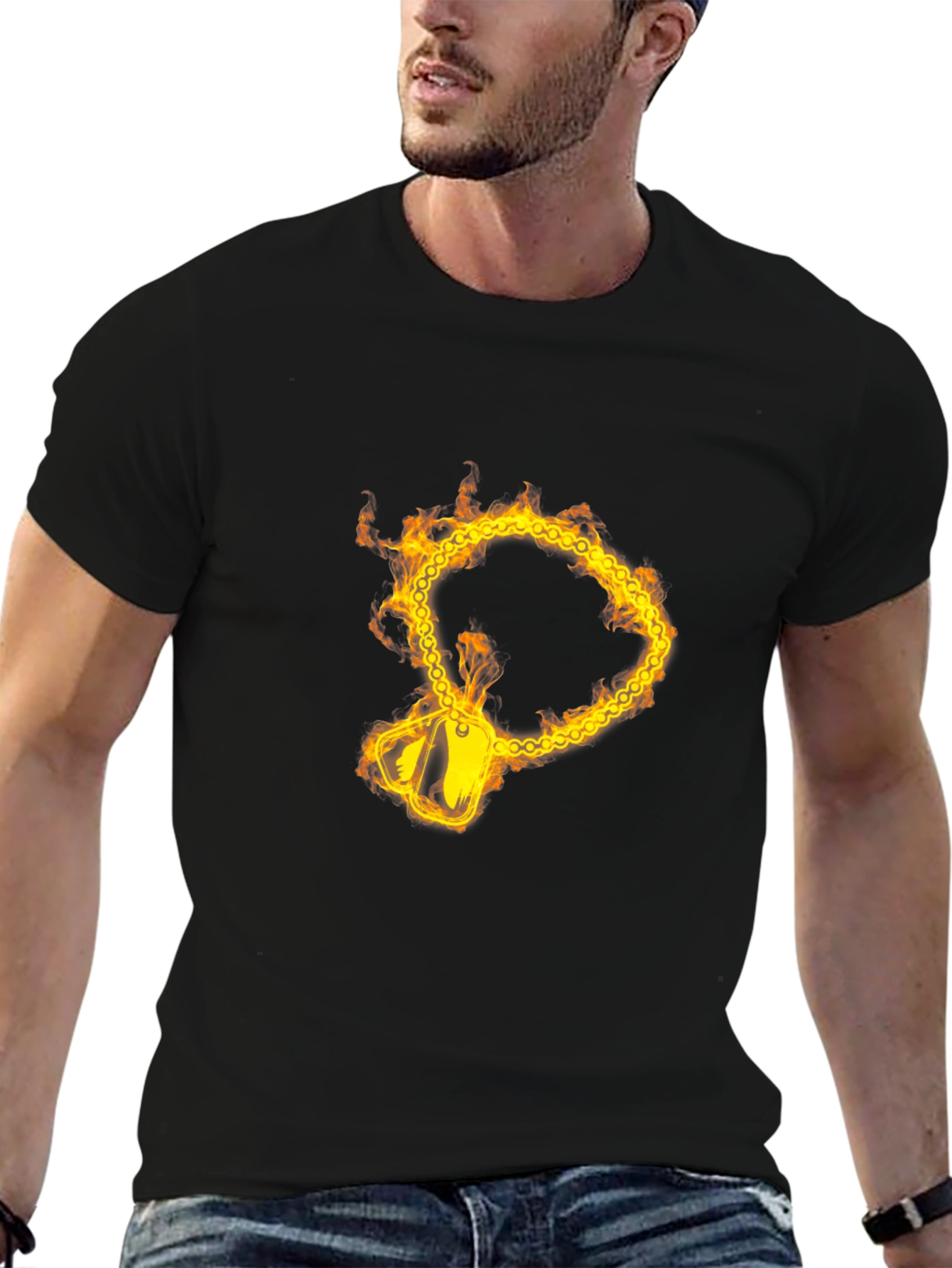 Flaming Chain Dog Tag Graphic Black T-Shirt
